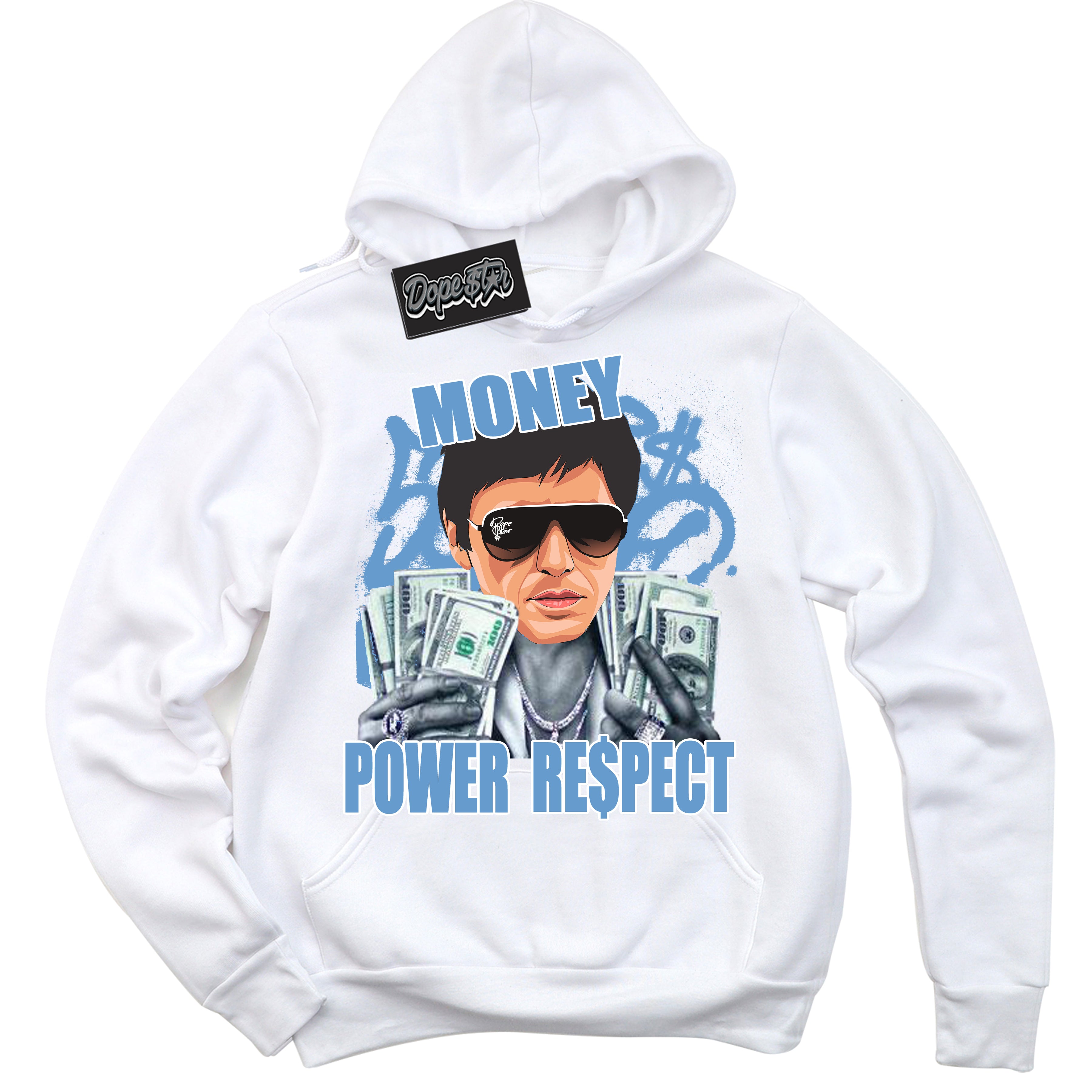 AJ1 Mid Legend Blue ‘Tony Montana’ – White Streetwear Hoodie | Sneaker Matching sweatshirt for AJ1 Mid Legend Blue | Men's and Women's Streetwear Graphic Hoodie by Sneaker Shirts Outlet.
