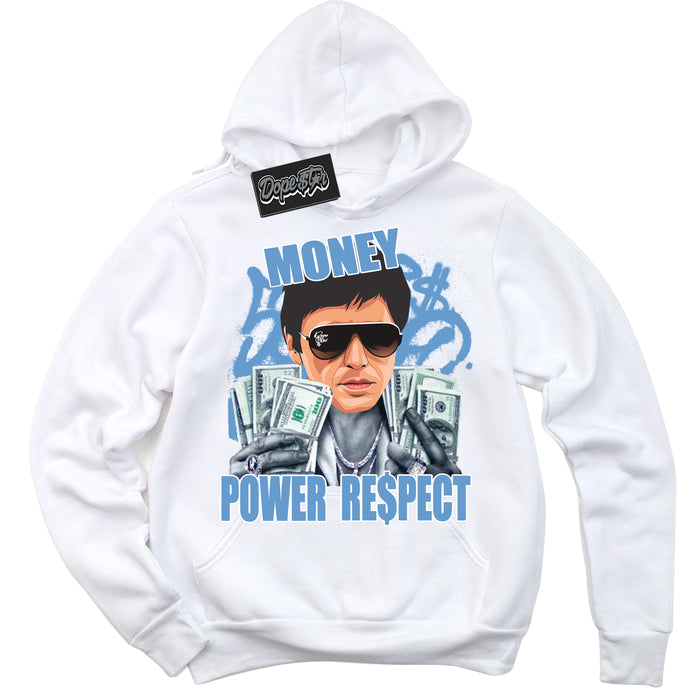 AJ1 Mid Legend Blue ‘Tony Montana’ – White Streetwear Hoodie | Sneaker Matching sweatshirt for AJ1 Mid Legend Blue | Men's and Women's Streetwear Graphic Hoodie by Sneaker Shirts Outlet.
