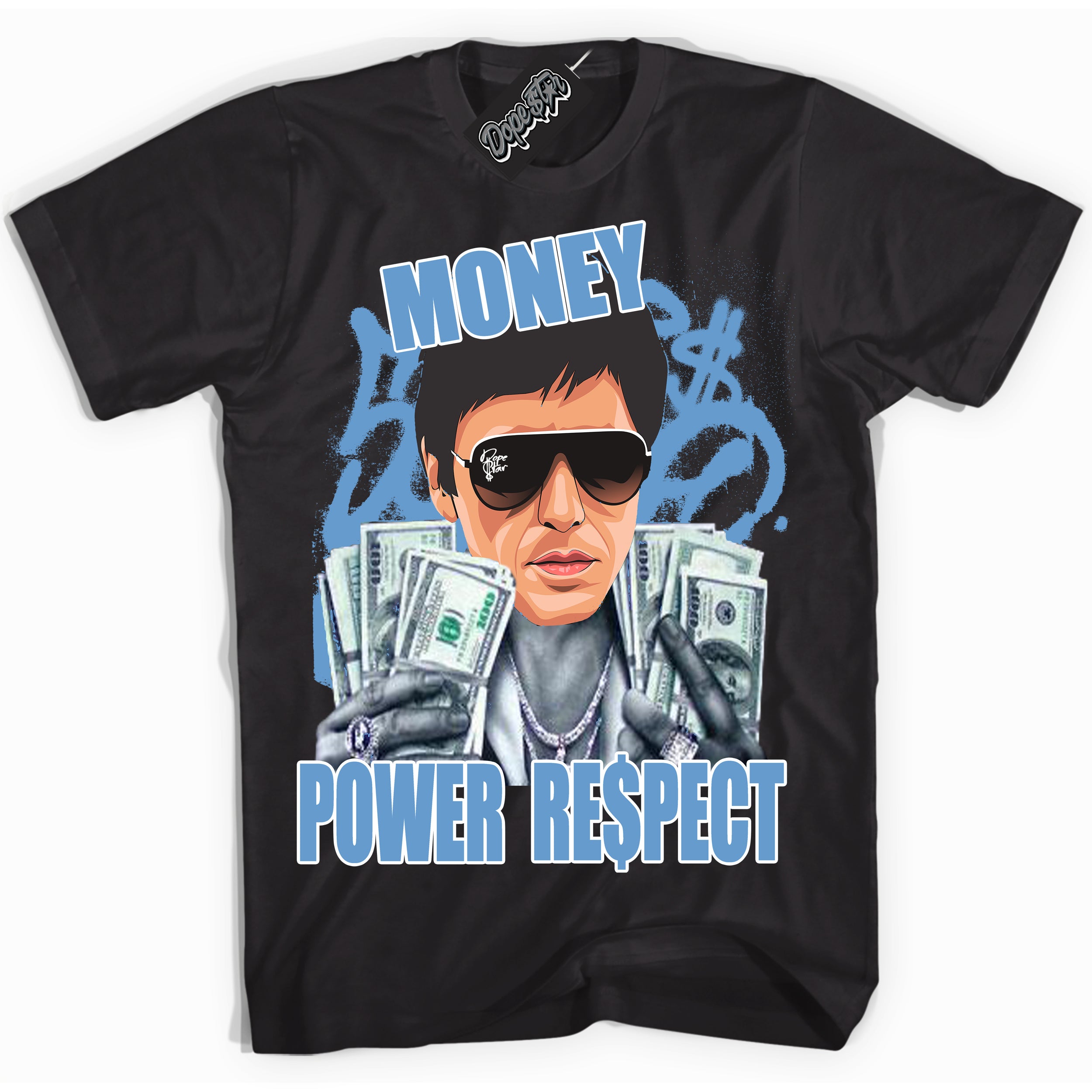 AJ1 Mid Legend Blue ‘Tony Montana’ – Black Streetwear T-Shirt | Sneaker Matching shirt for AJ1 Mid Legend Blue | Men's and Women's Streetwear Graphic Tee by Sneaker Shirts Outlet.
