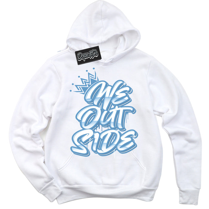 AJ1 Mid Legend Blue ‘We Outside’ – White Streetwear Hoodie | Sneaker Matching sweatshirt for AJ1 Mid Legend Blue | Men's and Women's Streetwear Graphic Hoodie by Sneaker Shirts Outlet.
