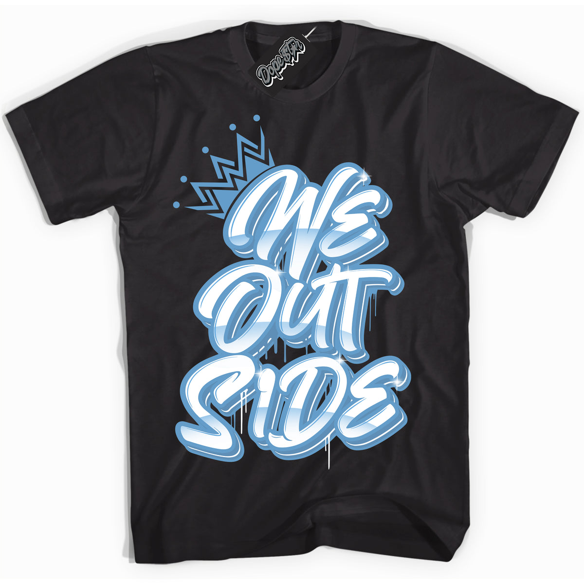 AJ1 Mid Legend Blue ‘We Outside’ – Black Streetwear T-Shirt | Sneaker Matching shirt for AJ1 Mid Legend Blue | Men's and Women's Streetwear Graphic Tee by Sneaker Shirts Outlet.
