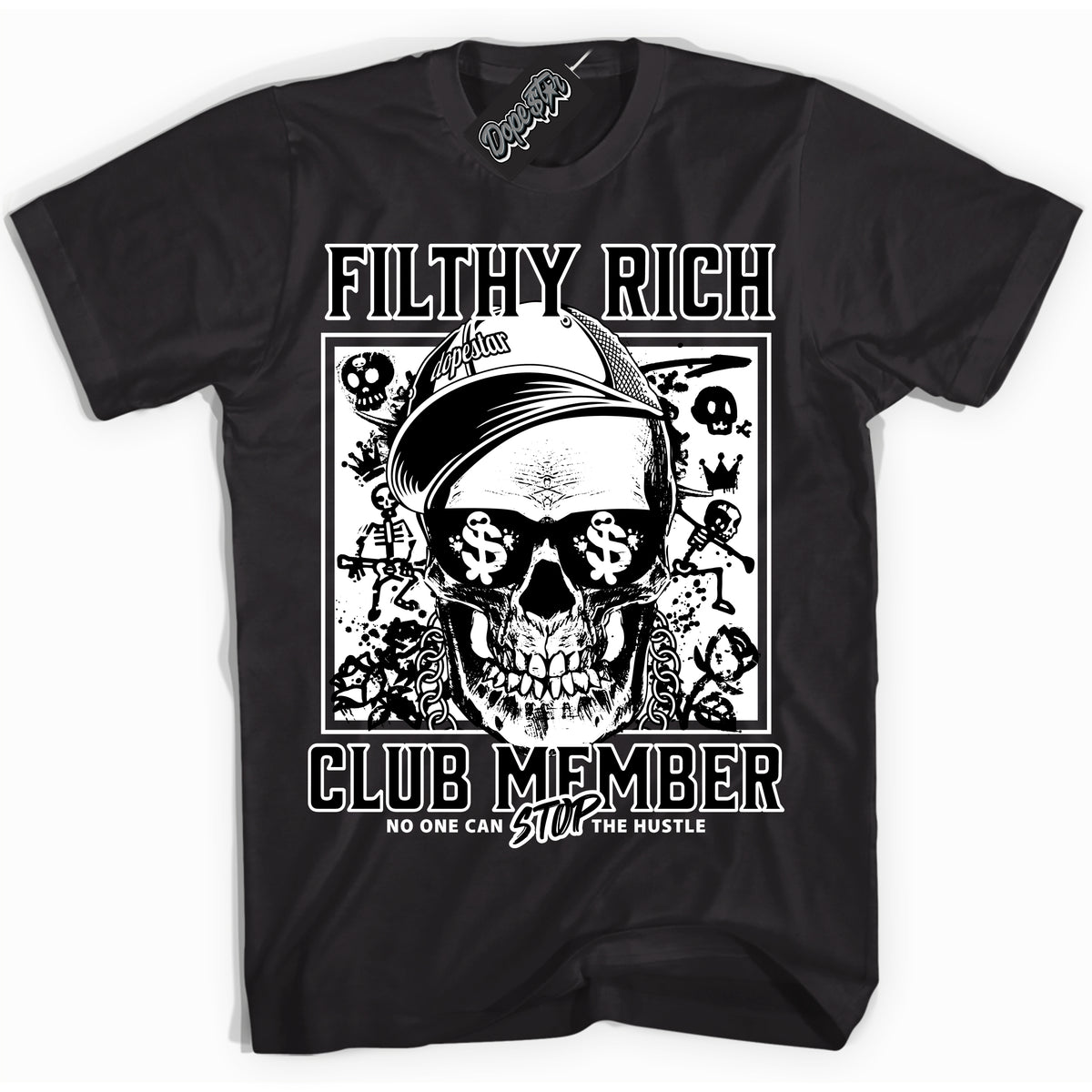 AJ1 Mid Off Noir Toe ‘Filthy Rich’ – Black Streetwear T-Shirt | Sneaker Matching shirt for AJ1 Mid Off Noir Toe | Men's and Women's Streetwear Graphic Tee by Sneaker Shirts Outlet.
