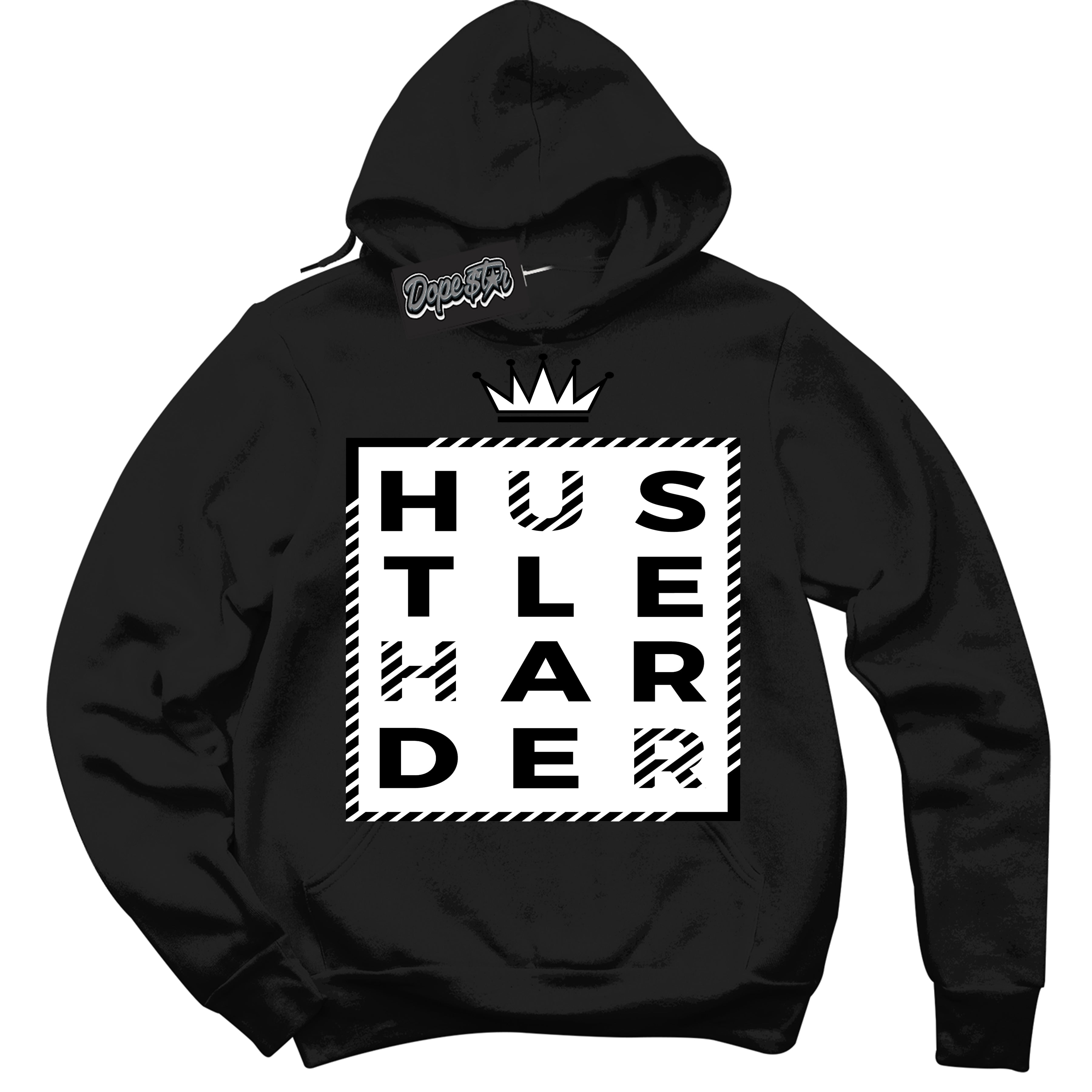 AJ1 Mid Off Noir Toe ‘Hustle Harder’ – Black Streetwear Hoodie | Sneaker Matching sweatshirt for AJ1 Mid Off Noir Toe | Men's and Women's Streetwear Graphic Hoodie by Sneaker Shirts Outlet.
