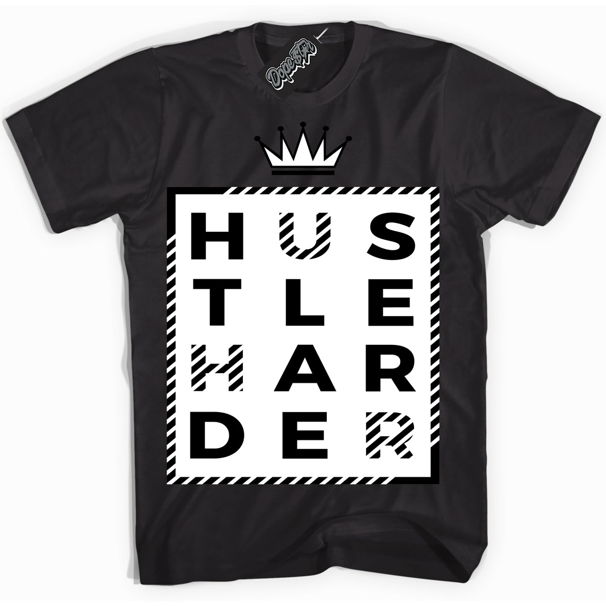 AJ1 Mid Off Noir Toe ‘Hustle Harder’ – Black Streetwear T-Shirt | Sneaker Matching shirt for AJ1 Mid Off Noir Toe | Men's and Women's Streetwear Graphic Tee by Sneaker Shirts Outlet.
