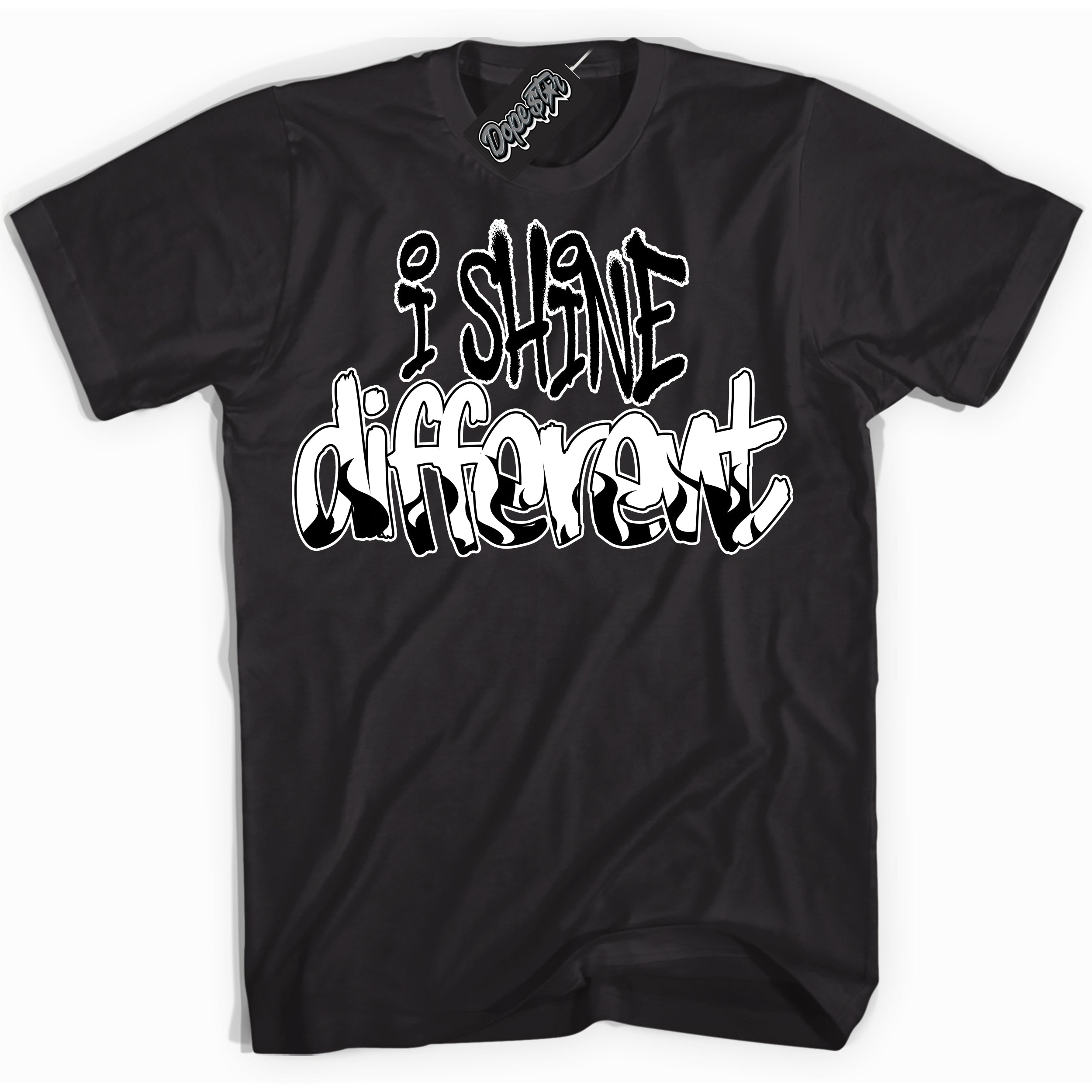 AJ1 Mid Off Noir Toe ‘I Shine Different’ – Black Streetwear T-Shirt | Sneaker Matching shirt for AJ1 Mid Off Noir Toe | Men's and Women's Streetwear Graphic Tee by Sneaker Shirts Outlet.
