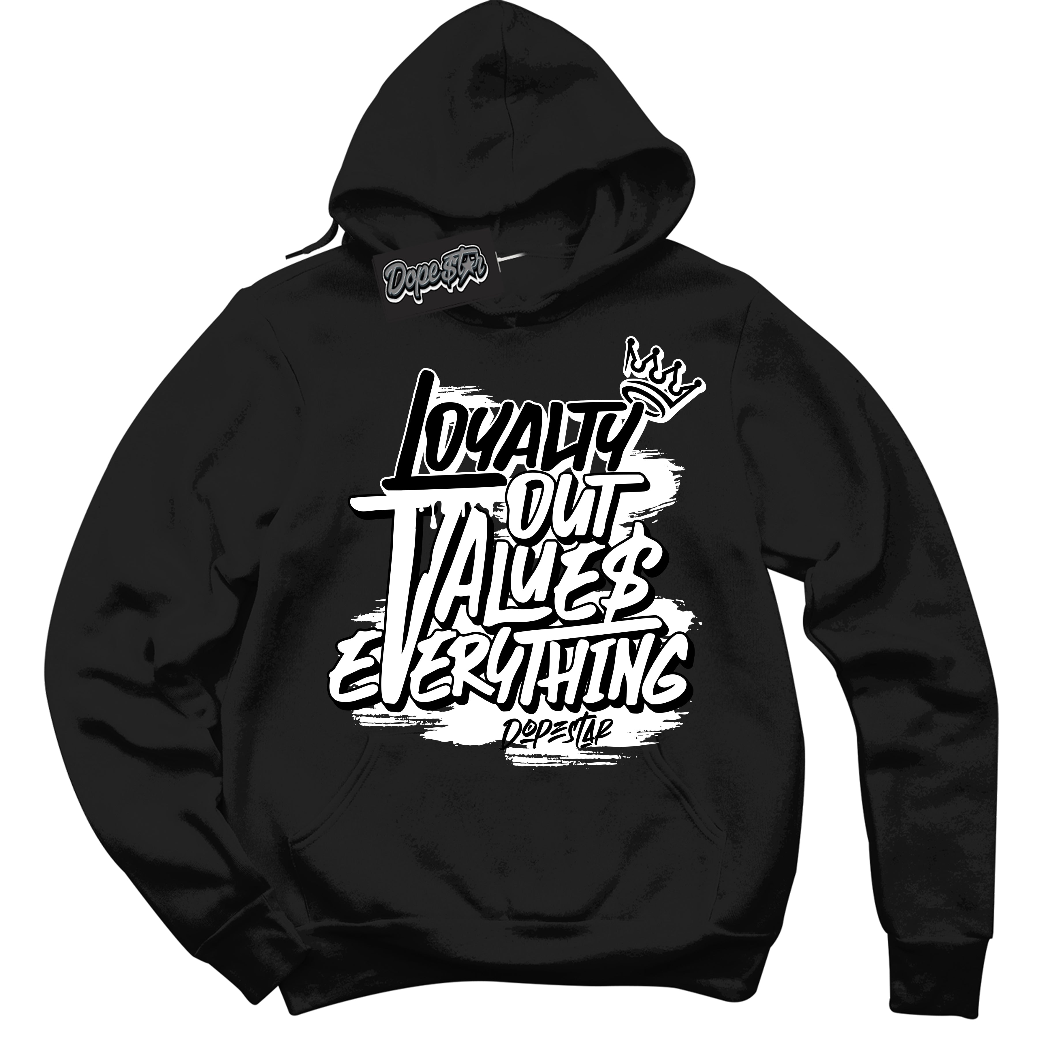 AJ1 Mid Off Noir Toe ‘Loyalty Out Values Everything’ – Black Streetwear Hoodie | Sneaker Matching sweatshirt for AJ1 Mid Off Noir Toe | Men's and Women's Streetwear Graphic Hoodie by Sneaker Shirts Outlet.
