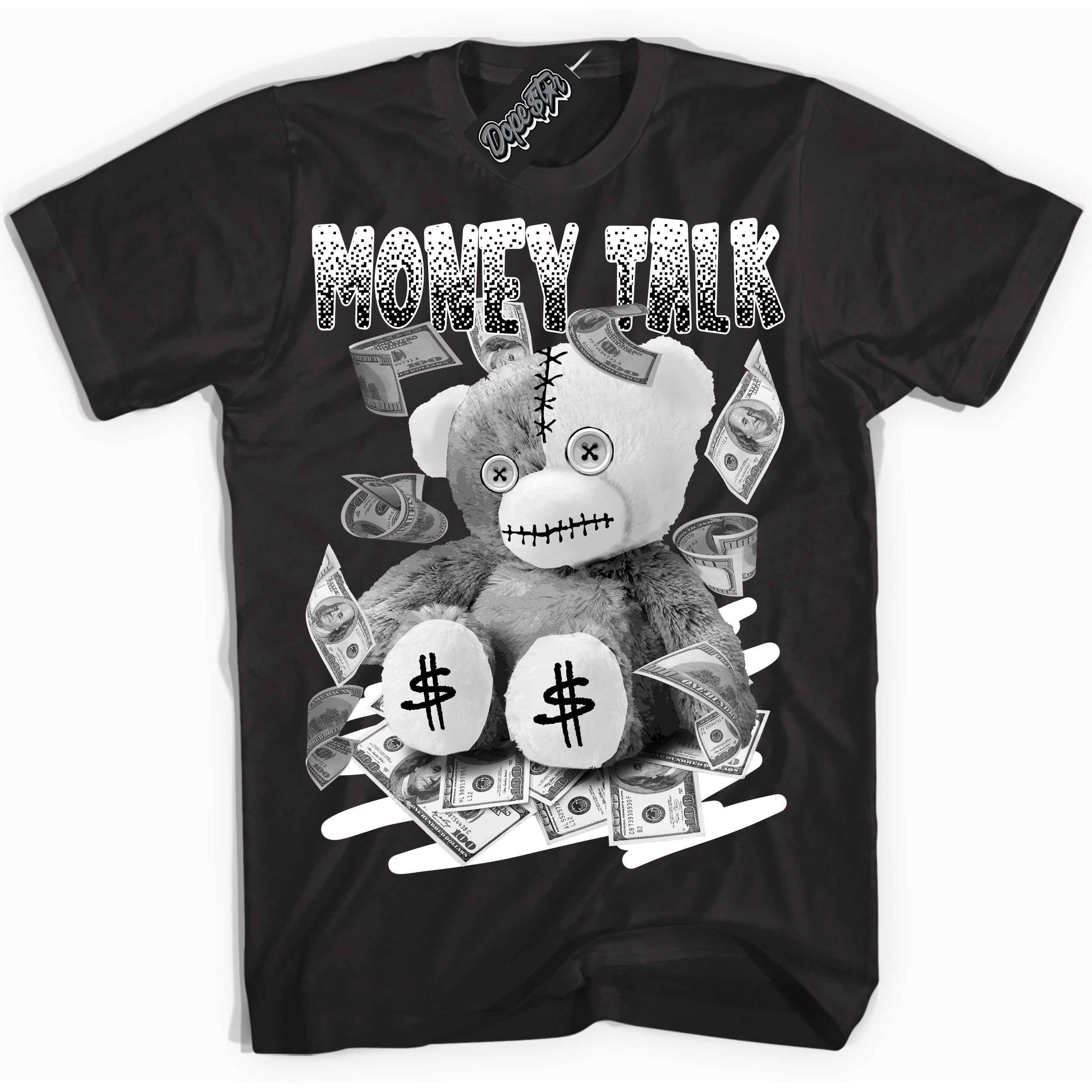 AJ1 Mid Off Noir Toe ‘Money Talk Bear’ – Black Streetwear T-Shirt | Sneaker Matching shirt for AJ1 Mid Off Noir Toe | Men's and Women's Streetwear Graphic Tee by Sneaker Shirts Outlet.
