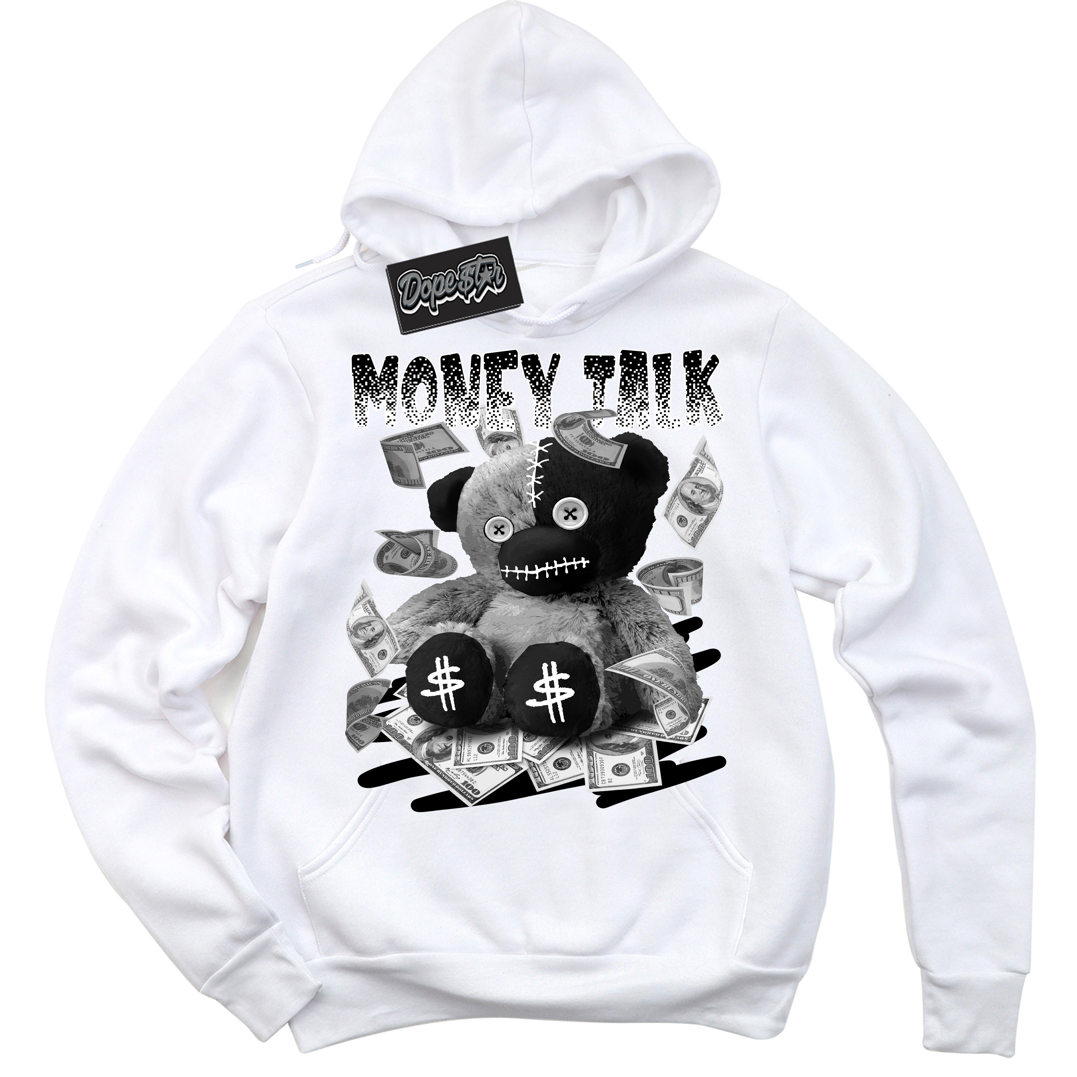 AJ1 Mid Off Noir Toe ‘Money Talk Bear’ – White Streetwear Hoodie | Sneaker Matching sweatshirt for AJ1 Mid Off Noir Toe | Men's and Women's Streetwear Graphic Hoodie by Sneaker Shirts Outlet.
