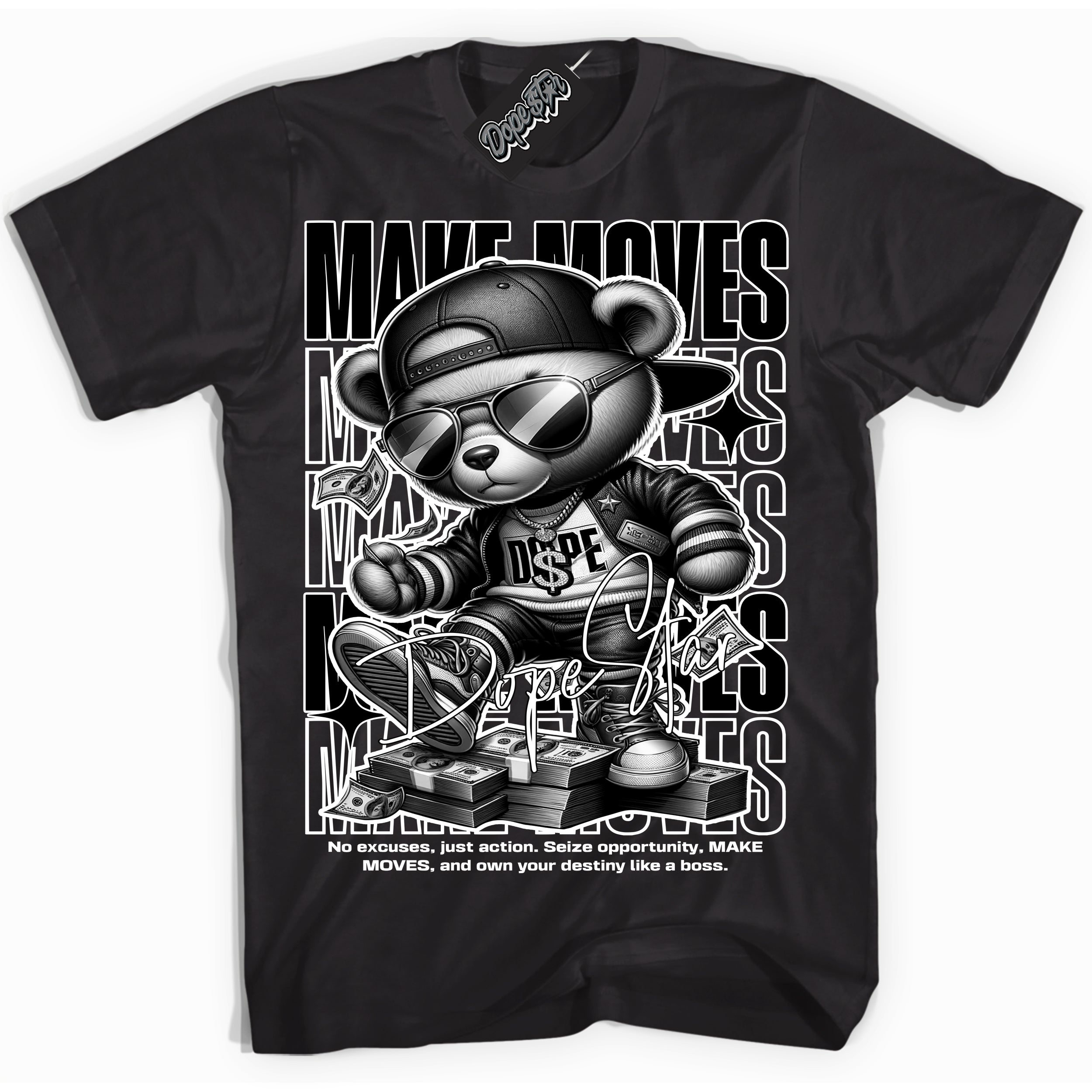 AJ1 Mid Off Noir Toe ‘Make Moves’ – Black Streetwear T-Shirt | Sneaker Matching shirt for AJ1 Mid Off Noir Toe | Men's and Women's Streetwear Graphic Tee by Sneaker Shirts Outlet.
