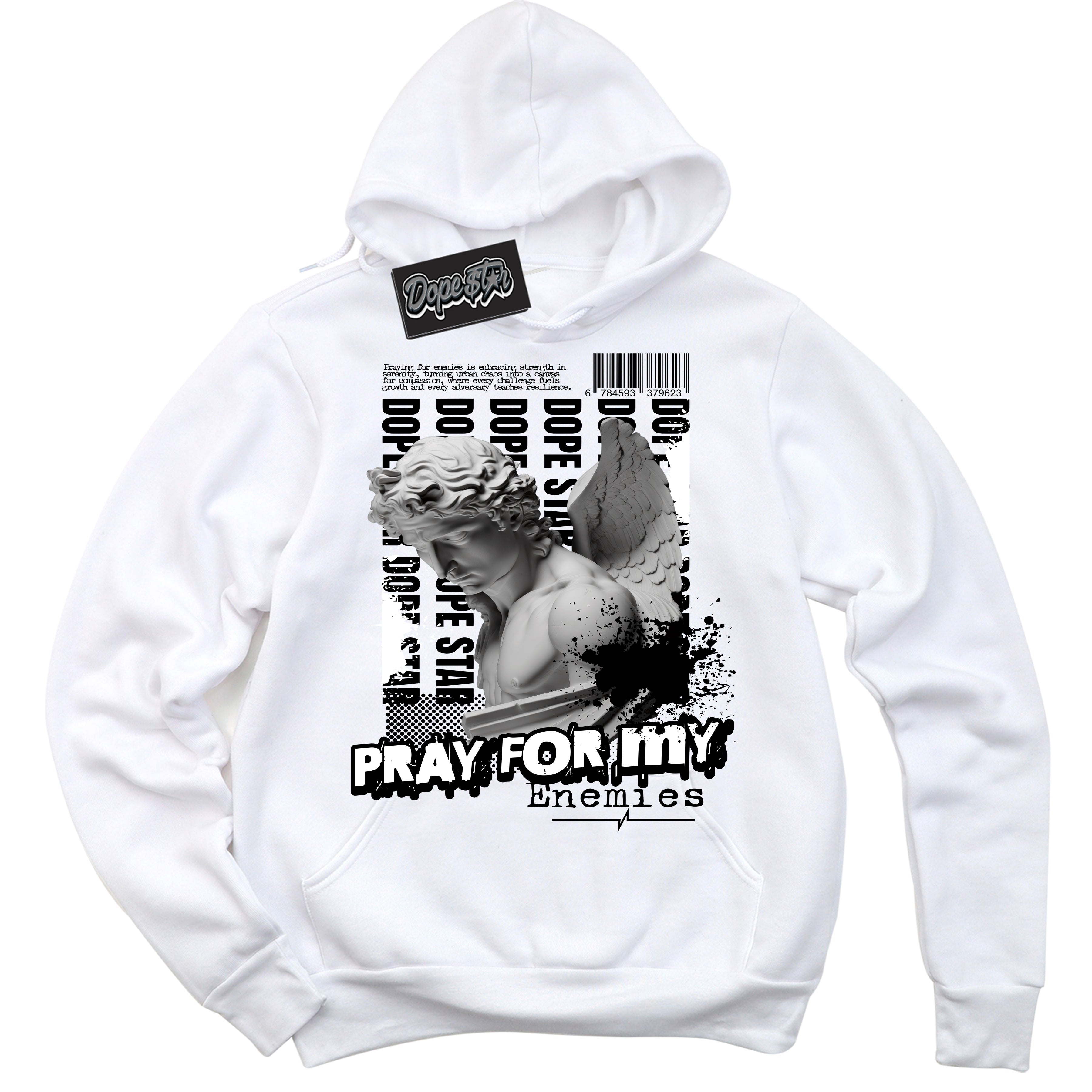 AJ1 Mid Off Noir Toe ‘Pray Enemies’ – White Streetwear Hoodie | Sneaker Matching sweatshirt for AJ1 Mid Off Noir Toe | Men's and Women's Streetwear Graphic Hoodie by Sneaker Shirts Outlet.
