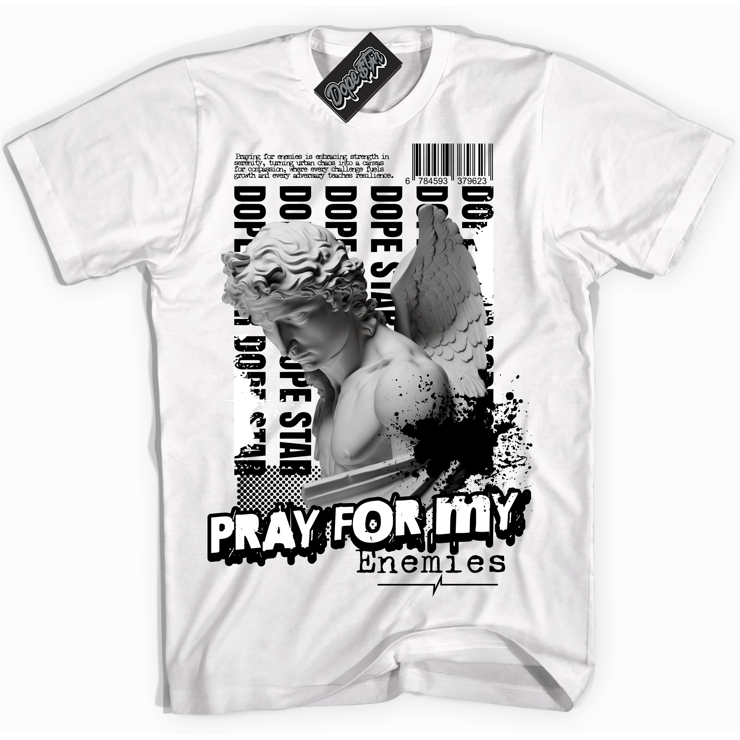 AJ1 Mid Off Noir Toe ‘Pray Enemies’ – White Streetwear T-Shirt | Sneaker Matching shirt for AJ1 Mid Off Noir Toe | Men's and Women's Streetwear Graphic Tee by Sneaker Shirts Outlet.
