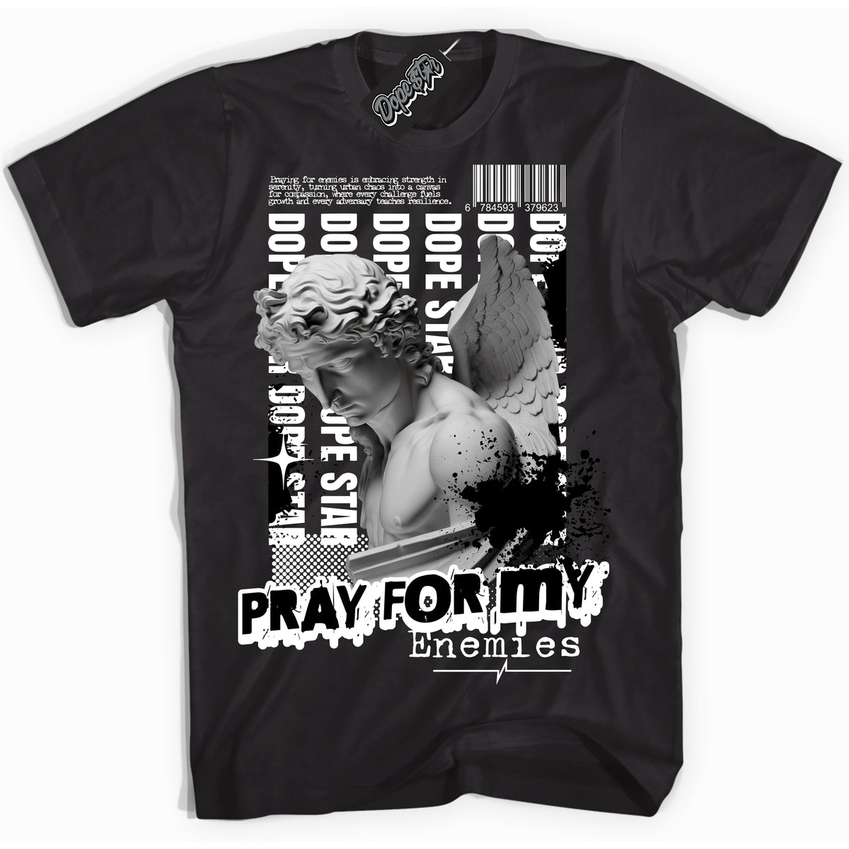 AJ1 Mid Off Noir Toe ‘Pray Enemies’ – Black Streetwear T-Shirt | Sneaker Matching shirt for AJ1 Mid Off Noir Toe | Men's and Women's Streetwear Graphic Tee by Sneaker Shirts Outlet.

