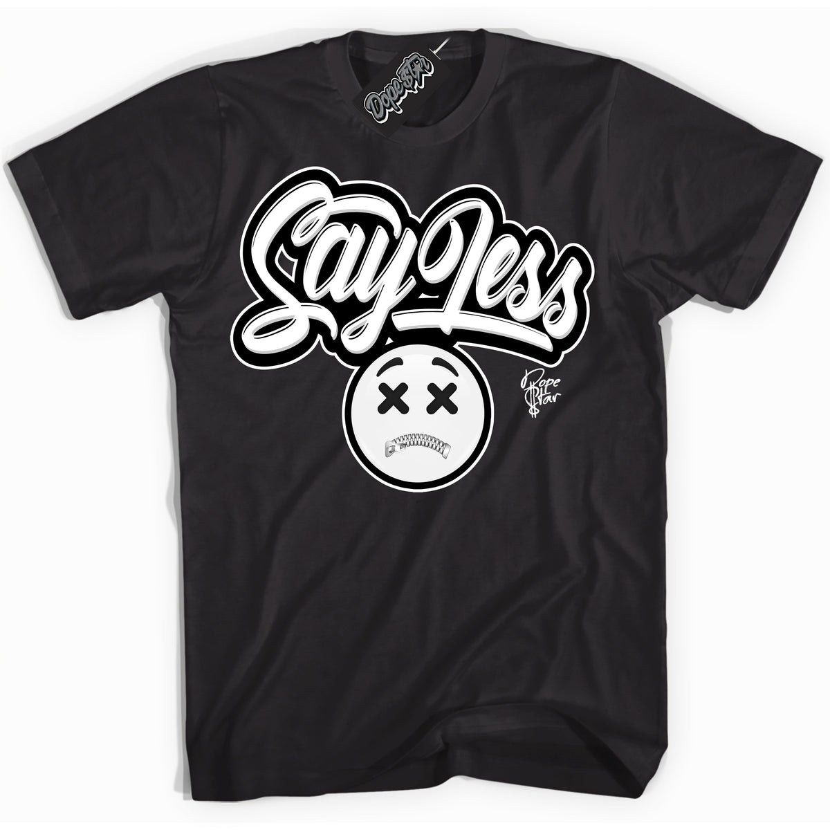 AJ1 Mid Off Noir Toe ‘Say Less’ – Black Streetwear T-Shirt | Sneaker Matching shirt for AJ1 Mid Off Noir Toe | Men's and Women's Streetwear Graphic Tee by Sneaker Shirts Outlet.
