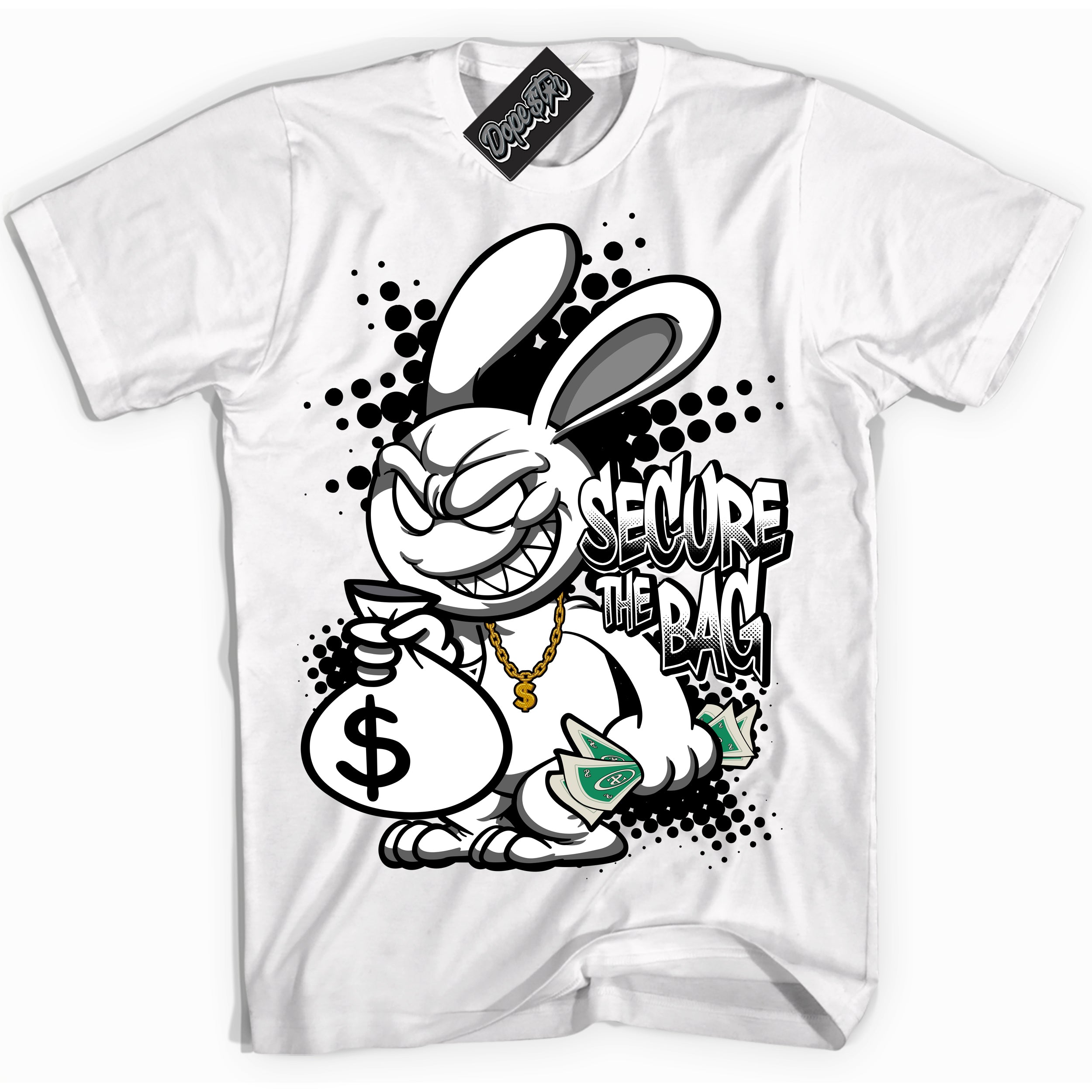 AJ1 Mid Off Noir Toe ‘Secure The Bag’ – White Streetwear T-Shirt | Sneaker Matching shirt for AJ1 Mid Off Noir Toe | Men's and Women's Streetwear Graphic Tee by Sneaker Shirts Outlet.

