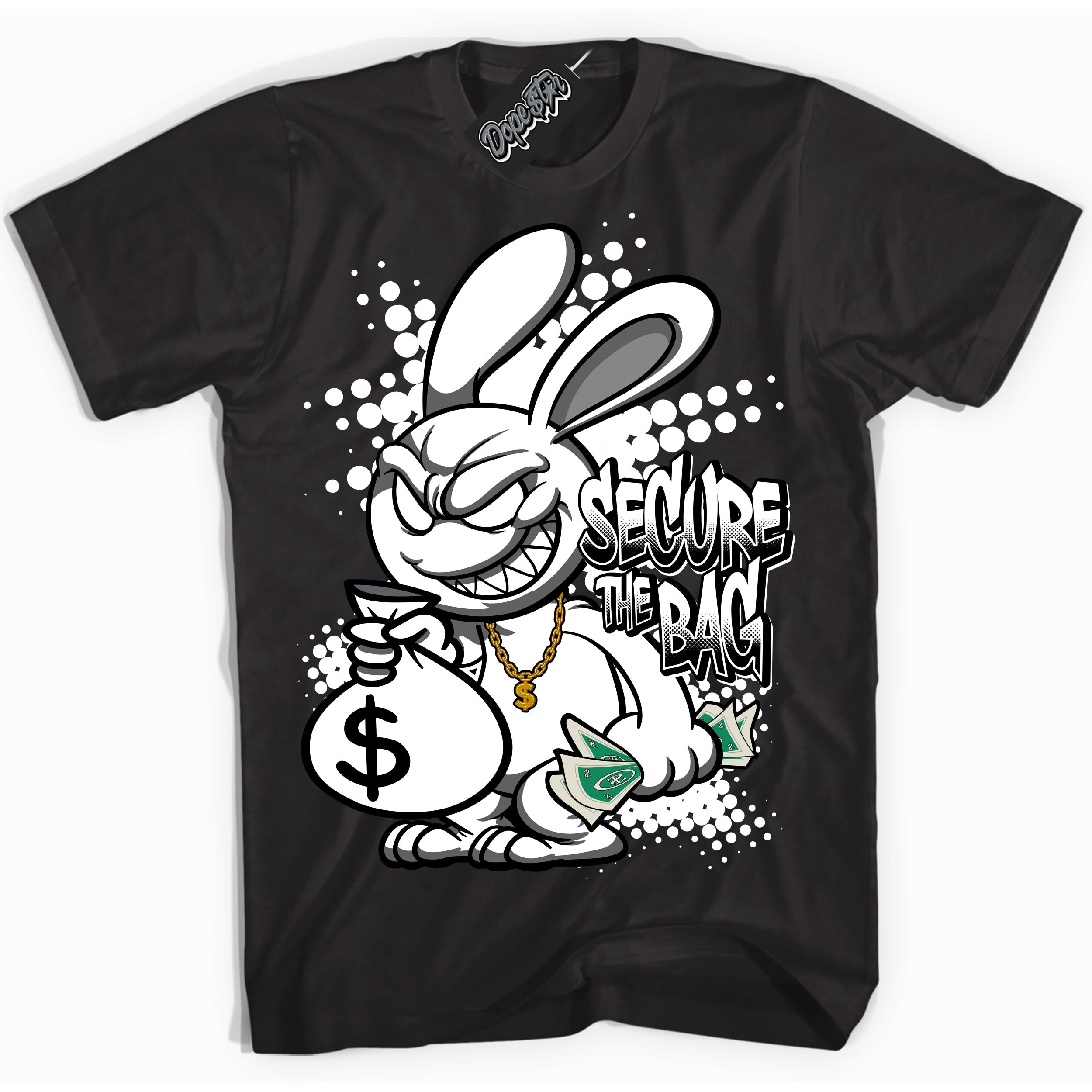 AJ1 Mid Off Noir Toe ‘Secure The Bag’ – Black Streetwear T-Shirt | Sneaker Matching shirt for AJ1 Mid Off Noir Toe | Men's and Women's Streetwear Graphic Tee by Sneaker Shirts Outlet.
