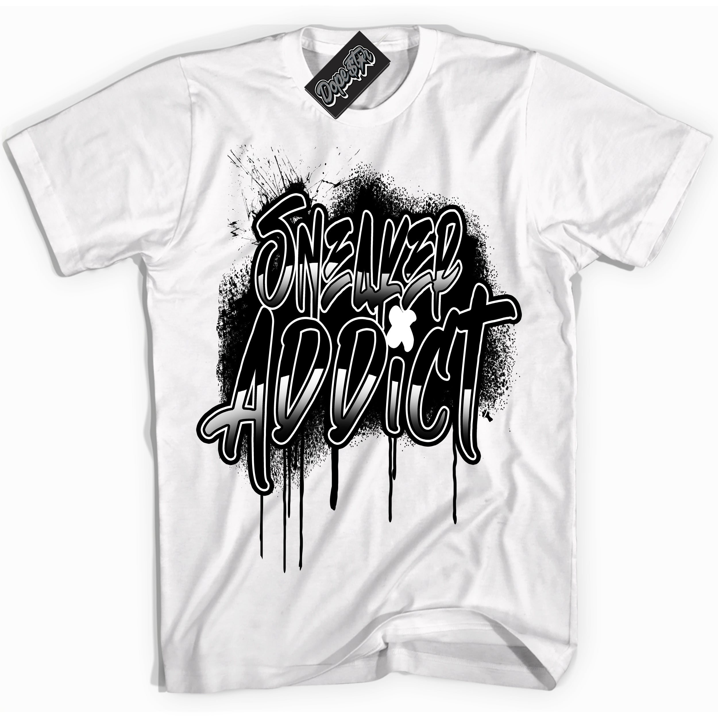 AJ1 Mid Off Noir Toe ‘Sneaker Addict’ – White Streetwear T-Shirt | Sneaker Matching shirt for AJ1 Mid Off Noir Toe | Men's and Women's Streetwear Graphic Tee by Sneaker Shirts Outlet.
