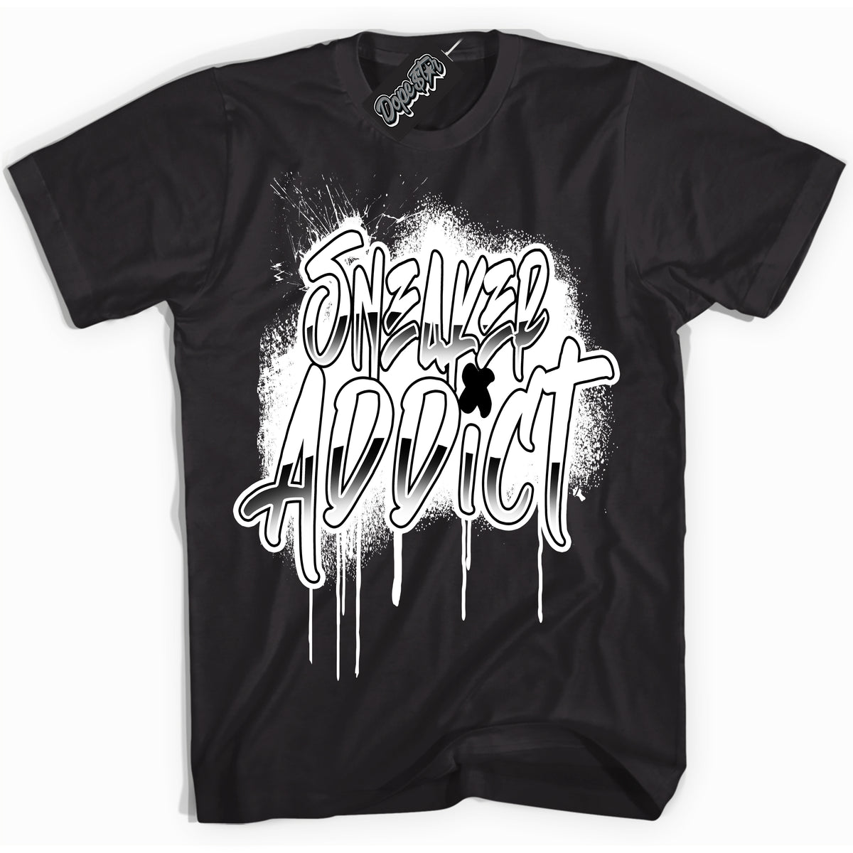AJ1 Mid Off Noir Toe ‘Sneaker Addict’ – Black Streetwear T-Shirt | Sneaker Matching shirt for AJ1 Mid Off Noir Toe | Men's and Women's Streetwear Graphic Tee by Sneaker Shirts Outlet.
