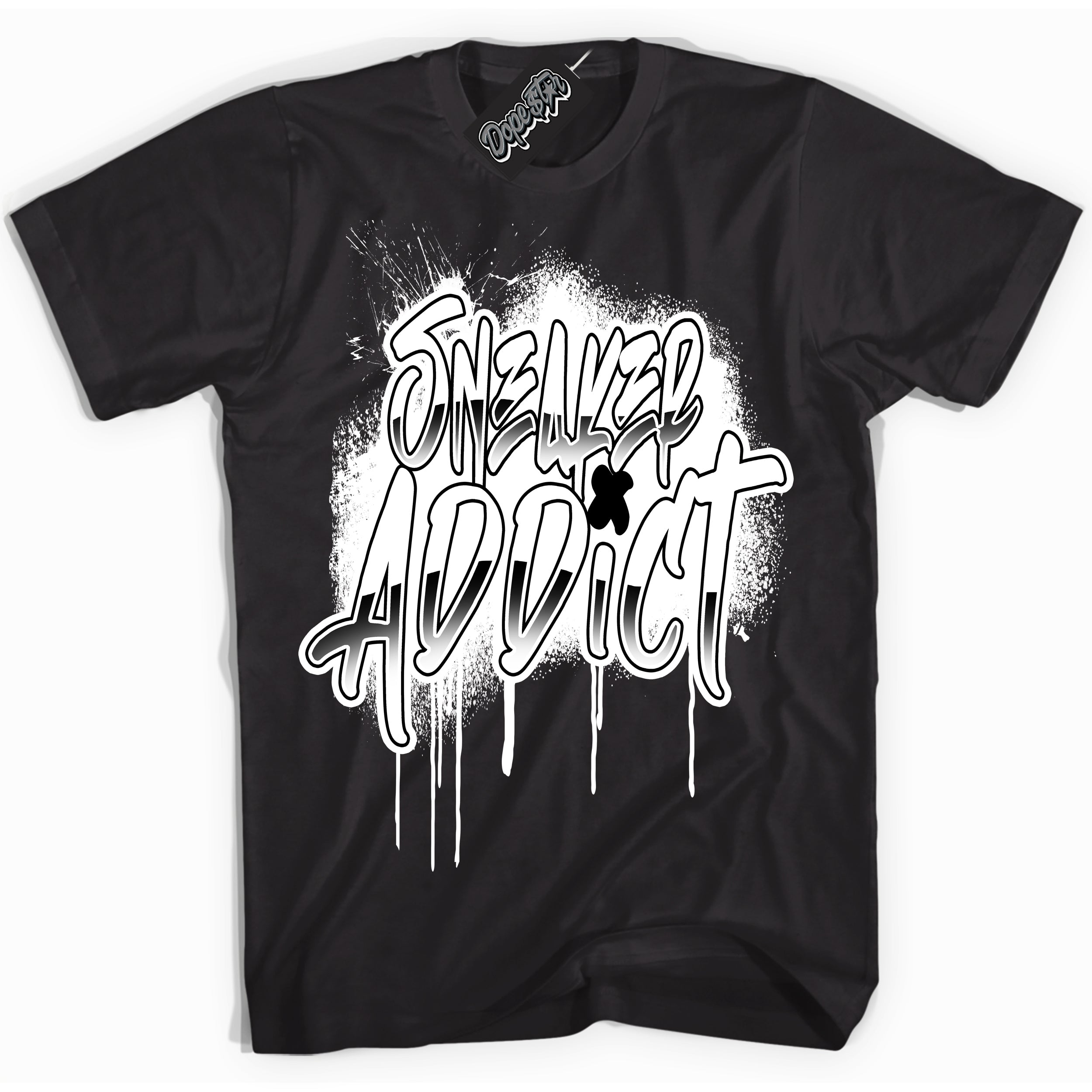 AJ1 Mid Off Noir Toe ‘Sneaker Addict’ – Black Streetwear T-Shirt | Sneaker Matching shirt for AJ1 Mid Off Noir Toe | Men's and Women's Streetwear Graphic Tee by Sneaker Shirts Outlet.
