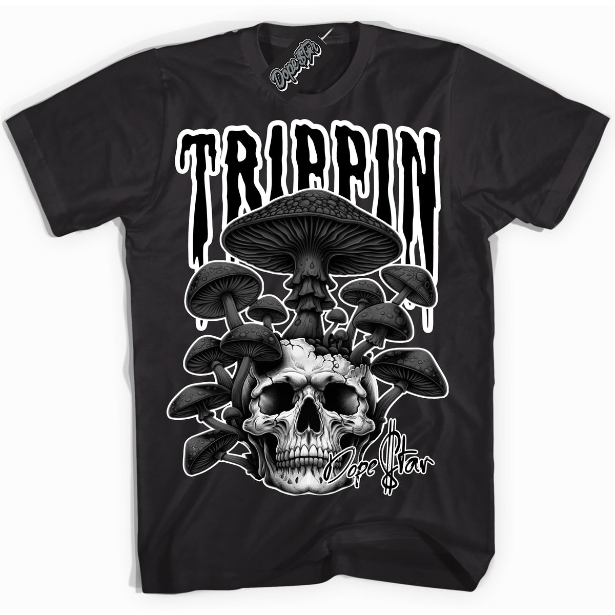 AJ1 Mid Off Noir Toe ‘Trippin’ – Black Streetwear T-Shirt | Sneaker Matching shirt for AJ1 Mid Off Noir Toe | Men's and Women's Streetwear Graphic Tee by Sneaker Shirts Outlet.
