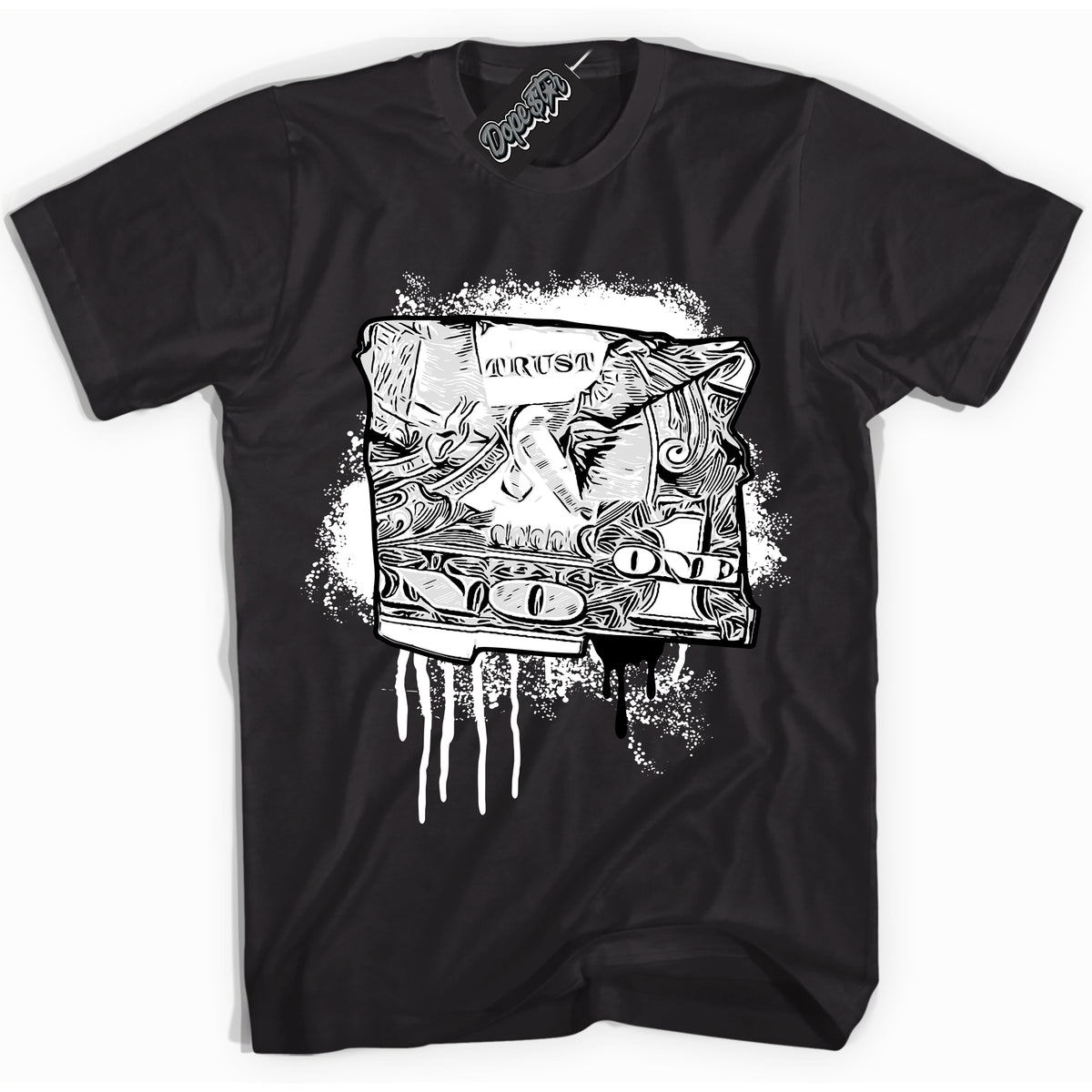 AJ1 Mid Off Noir Toe ‘Trust No One Dollar’ – Black Streetwear T-Shirt | Sneaker Matching shirt for AJ1 Mid Off Noir Toe | Men's and Women's Streetwear Graphic Tee by Sneaker Shirts Outlet.
