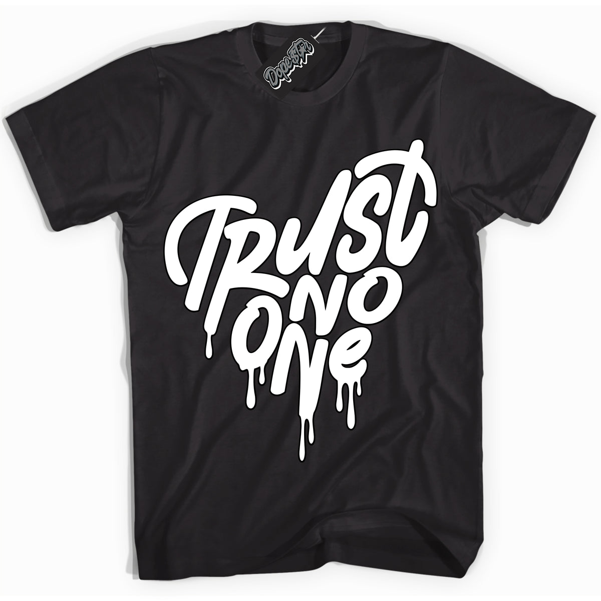 AJ1 Mid Off Noir Toe ‘Trust No One Heart’ – Black Streetwear T-Shirt | Sneaker Matching shirt for AJ1 Mid Off Noir Toe | Men's and Women's Streetwear Graphic Tee by Sneaker Shirts Outlet.
