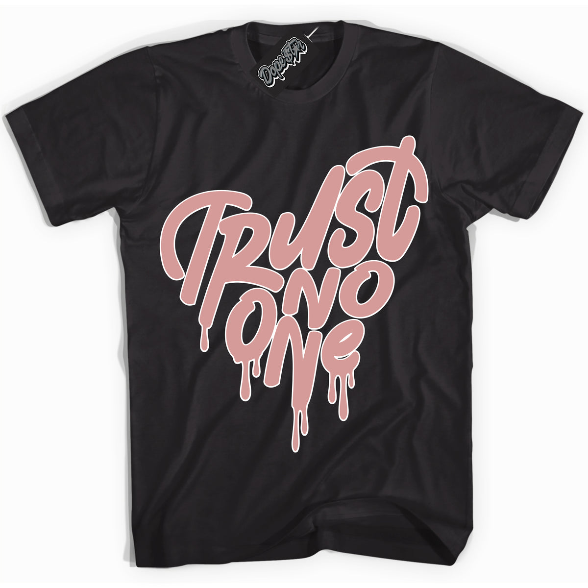 Cool Black Shirt with “Trust No One Heart” design that perfectly matches the Legend Pink 1s Jordans.