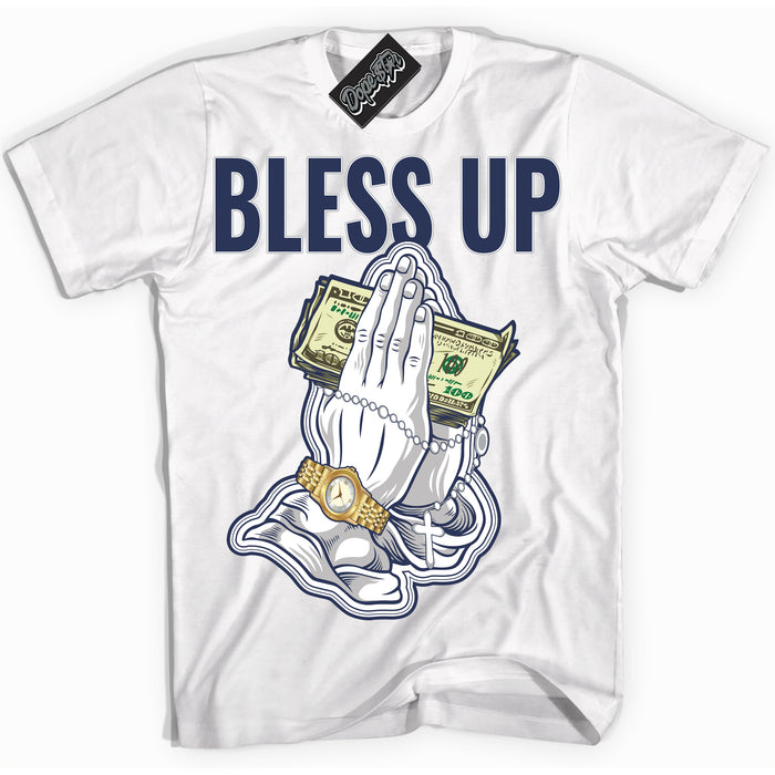 Cool White Shirt with “Bless Up” design that perfectly matches the Wolf Grey Midnight Navy 1s Jordans.