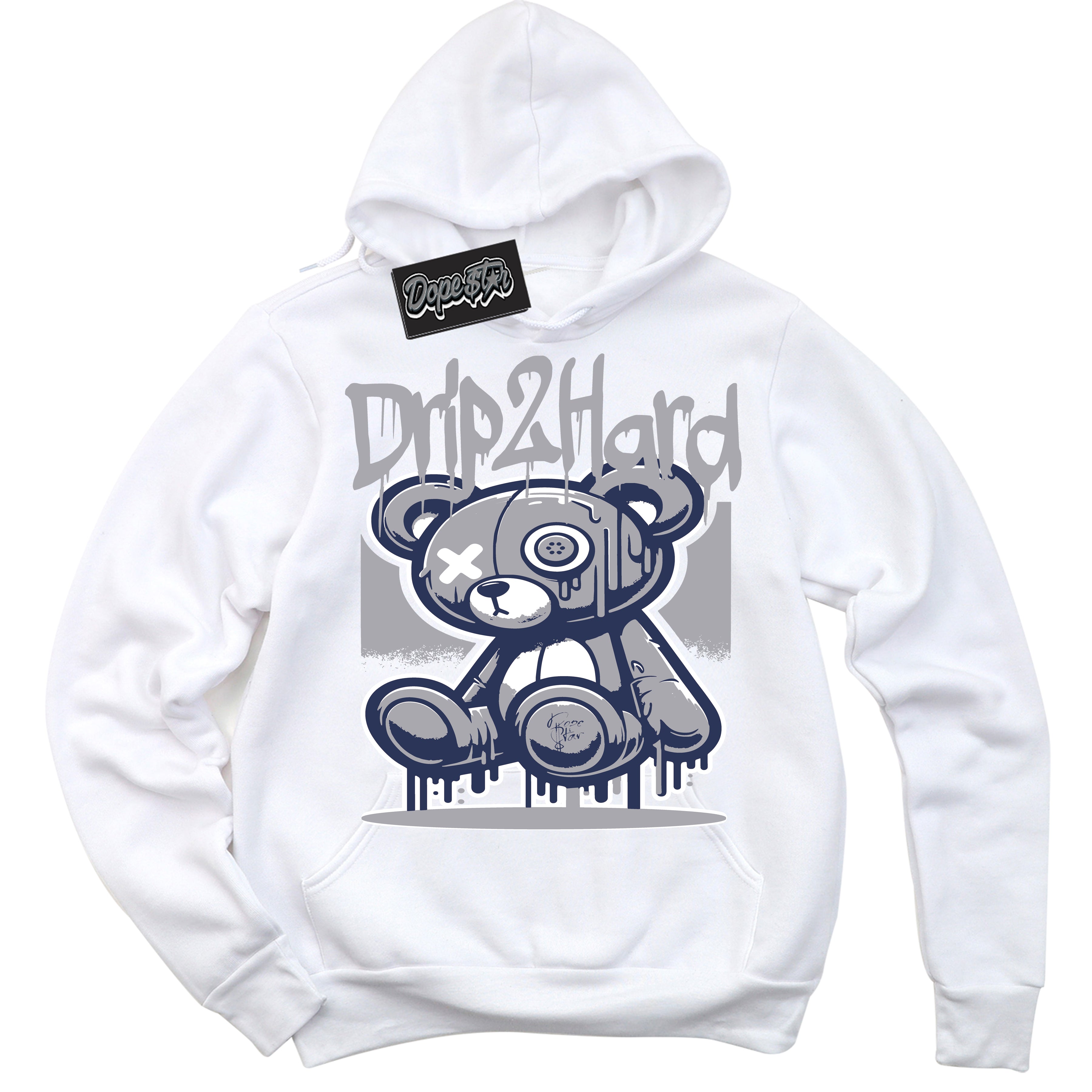 Cool White Hoodie with “Drip 2 Hard” design that Perfectly Matches Wolf Grey Midnight Navy 1s Jordans.