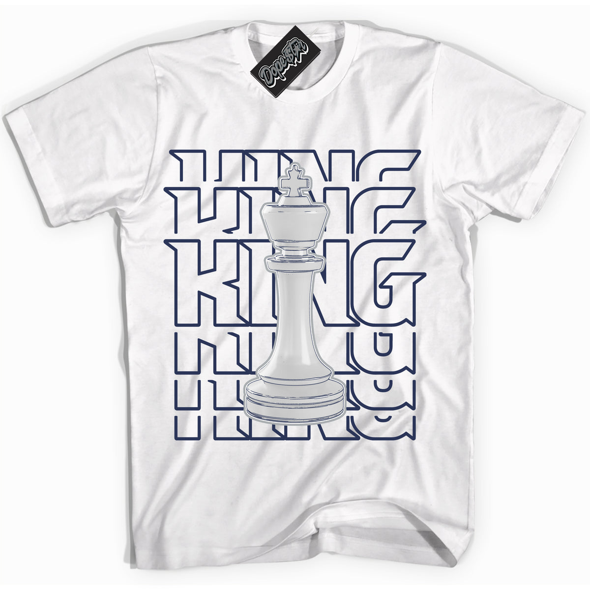 Cool White Shirt with “King Chess” design that perfectly matches the Wolf Grey Midnight Navy 1s Jordans.