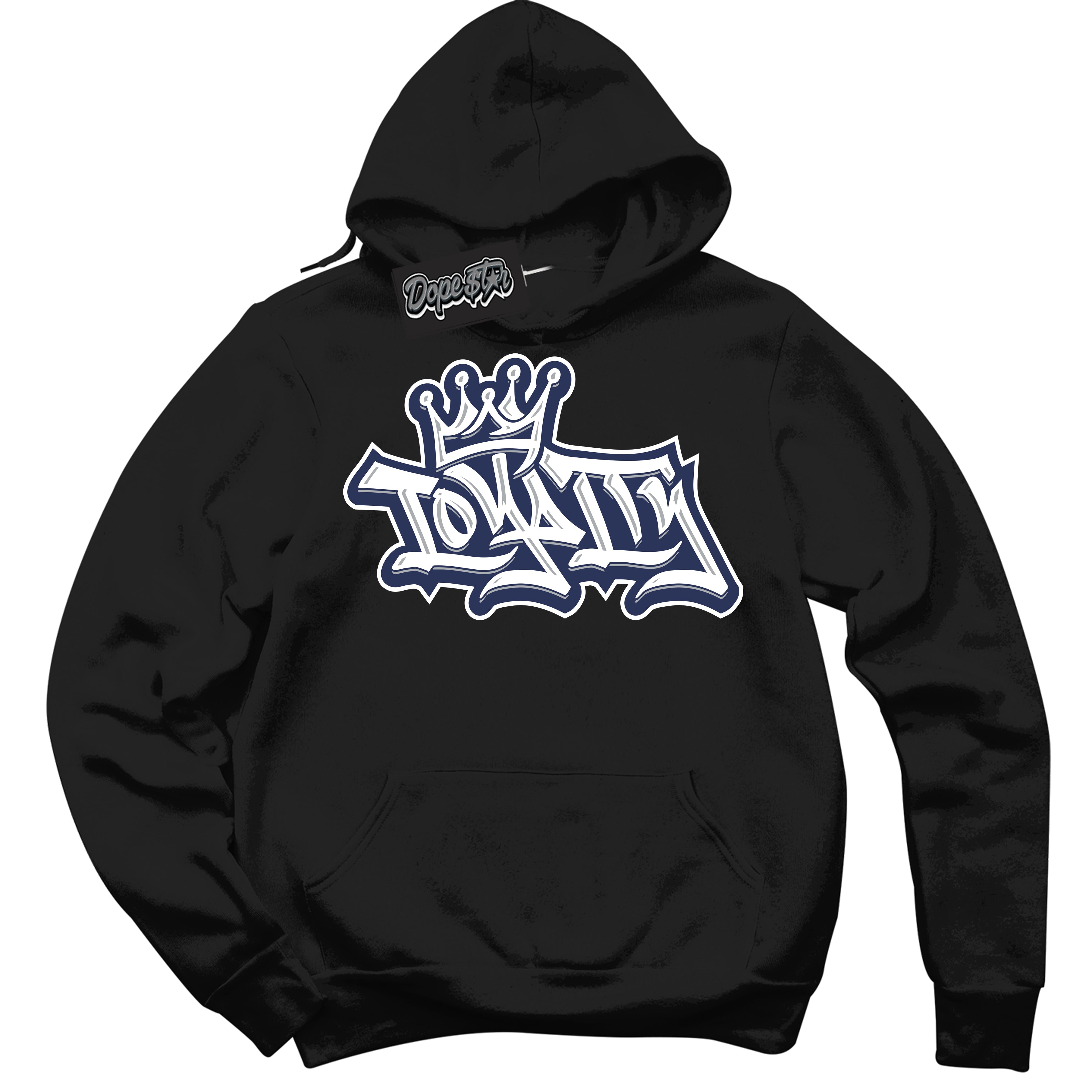 Cool Black Hoodie with “Loyalty Crown” design that Perfectly Matches Wolf Grey Midnight Navy 1s Jordans.