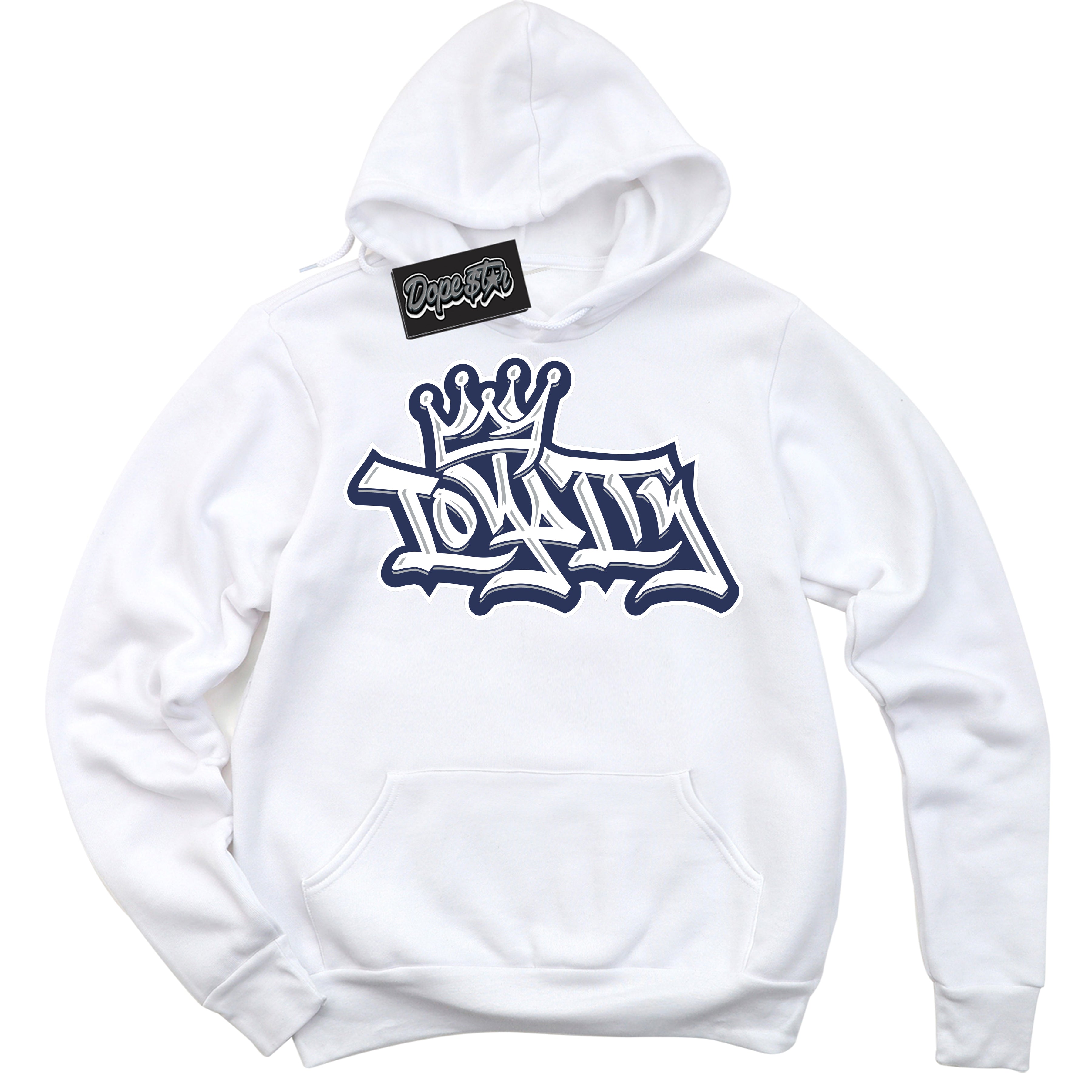 Cool White Hoodie with “Loyalty Crown” design that Perfectly Matches Wolf Grey Midnight Navy 1s Jordans.