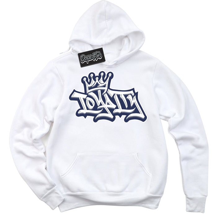 Cool White Hoodie with “Loyalty Crown” design that Perfectly Matches Wolf Grey Midnight Navy 1s Jordans.