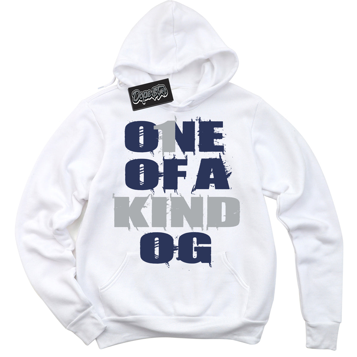 Cool White Hoodie with “One Of A Kind” design that Perfectly Matches Wolf Grey Midnight Navy 1s Jordans.