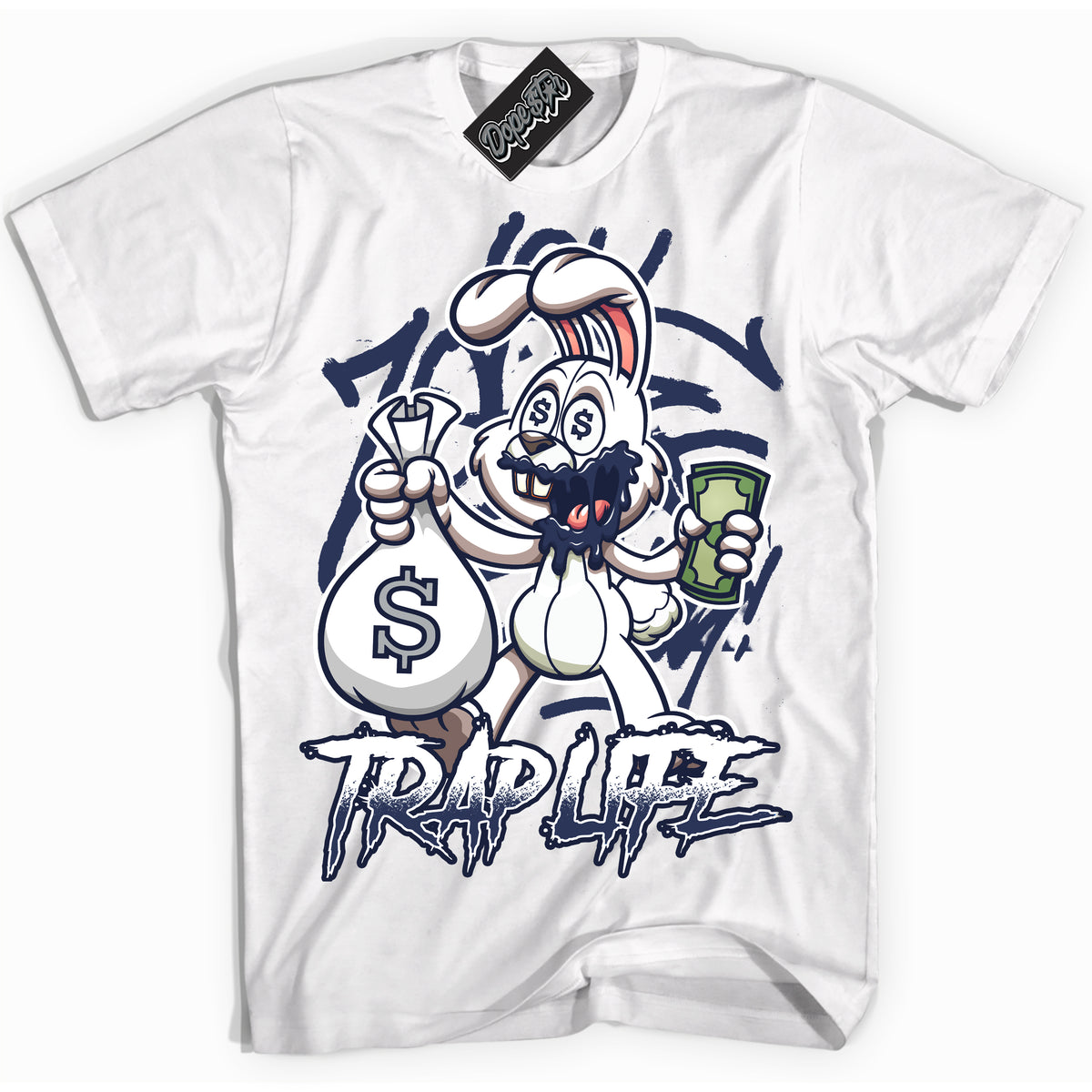 Cool White Shirt with “Trap Rabbit” design that perfectly matches the Wolf Grey Midnight Navy 1s Jordans.