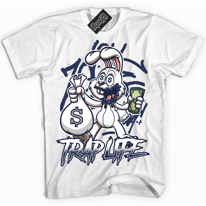 Cool White Shirt with “Trap Rabbit” design that perfectly matches the Wolf Grey Midnight Navy 1s Jordans.