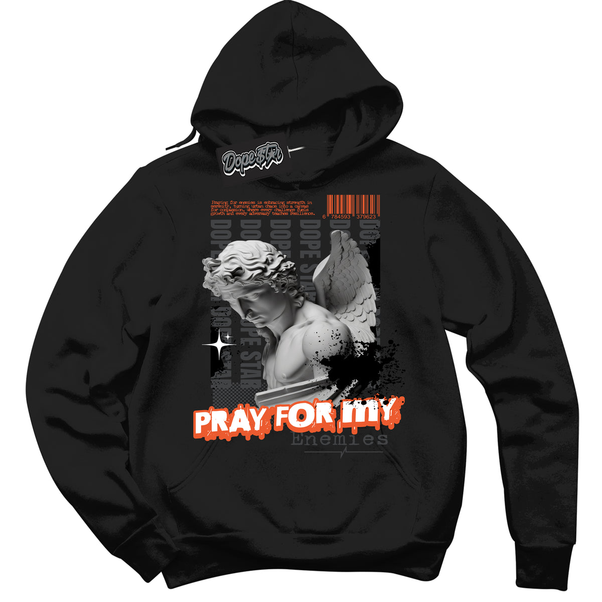 Cool Black Hoodie with “ Pray Enemies ”  design that Perfectly Matches Stash 1s Sneakers.