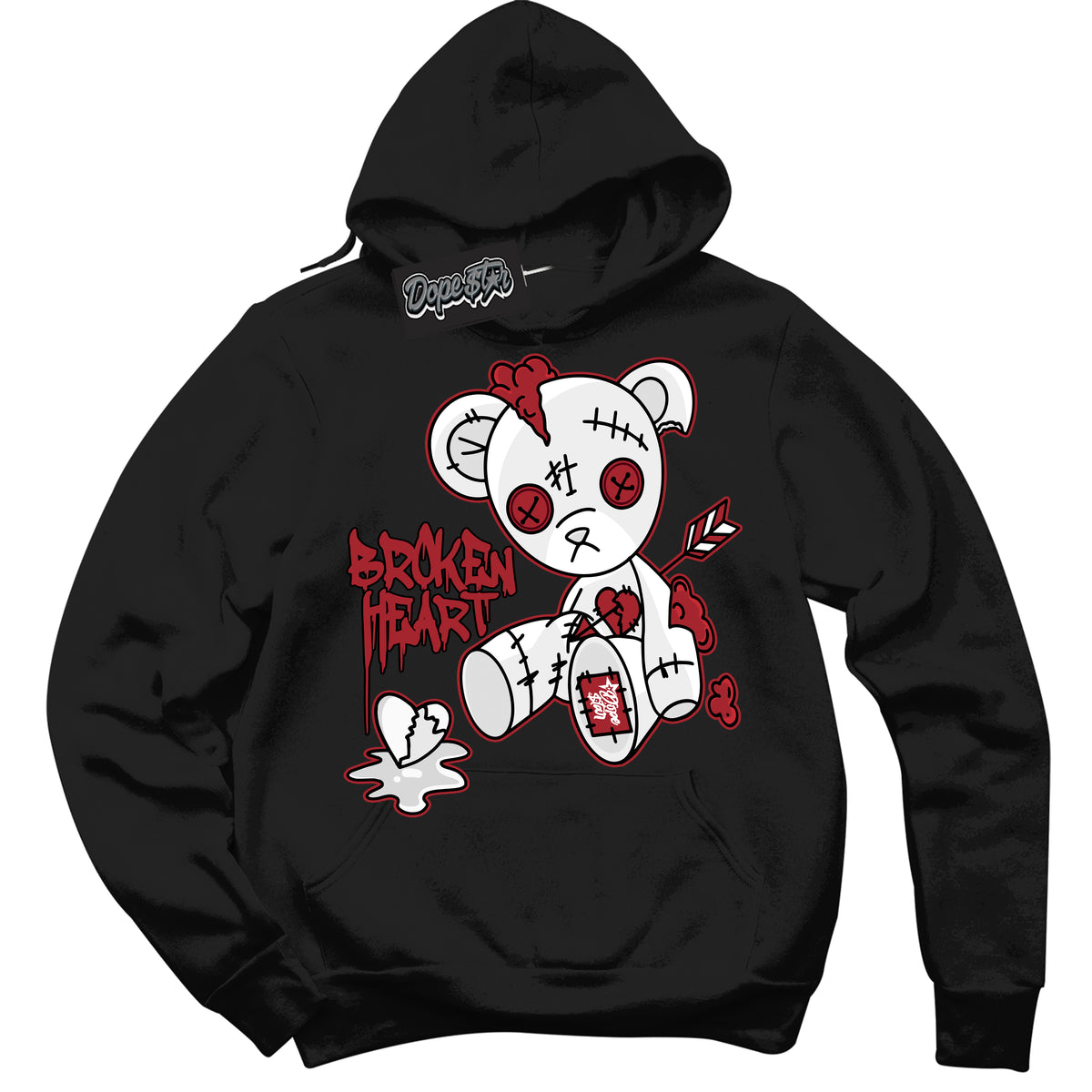 AJ1 Retro High '85 OG Bred ‘Broken Heart Bear’ – Black Streetwear Hoodie | Sneaker Matching sweatshirt for AJ1 Retro High '85 OG Bred | Men's and Women's Streetwear Graphic Hoodie by Sneaker Shirts Outlet