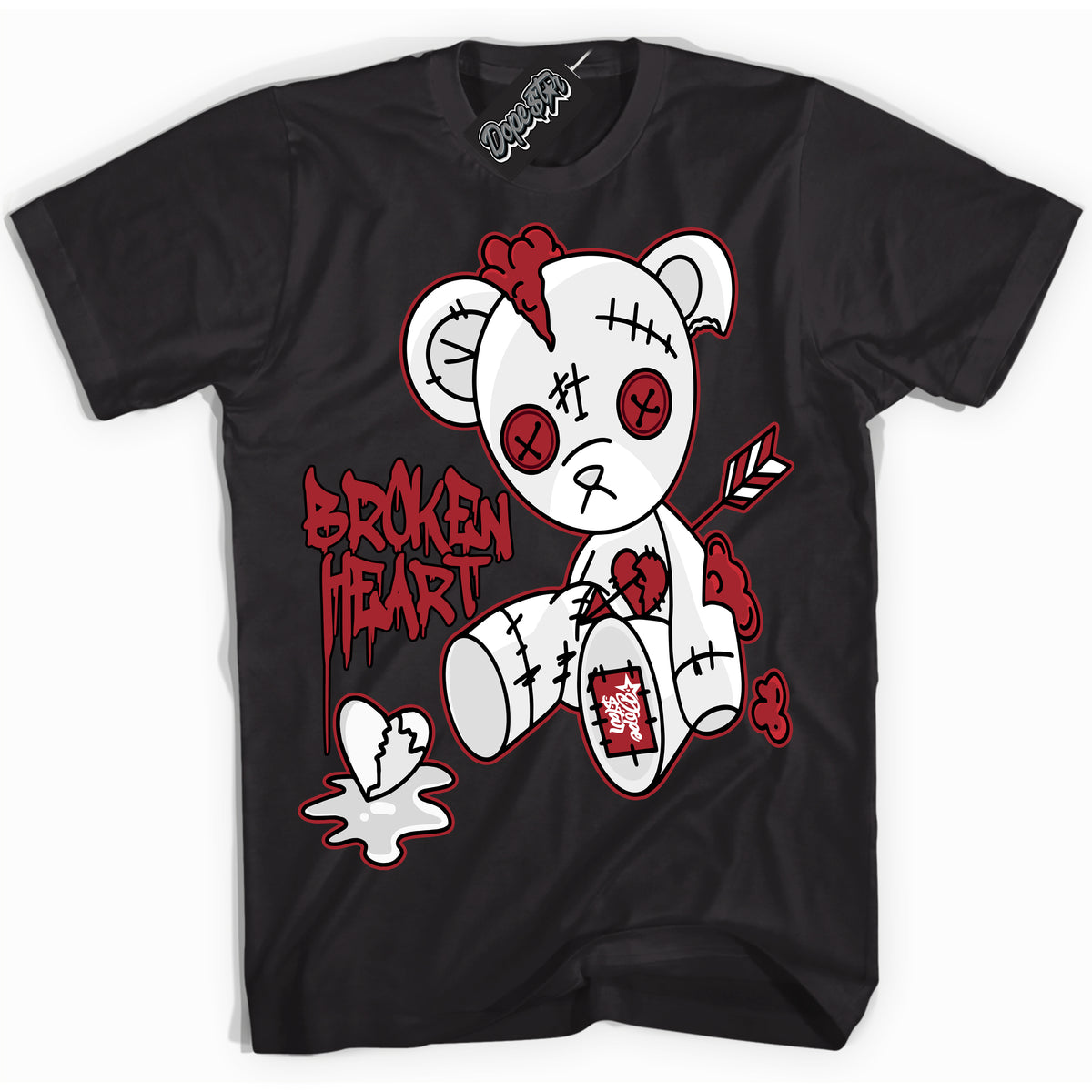 AJ1 Retro High '85 OG Bred ‘Broken Heart Bear’ – Black Streetwear T-Shirt | Sneaker Matching shirt for AJ1 Retro High '85 OG Bred | Men's and Women's Streetwear Graphic Tee by Sneaker Shirts Outlet.

