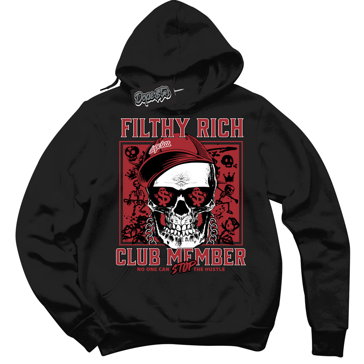 AJ1 Retro High '85 OG Bred ‘Filthy Rich – Black Streetwear Hoodie | Sneaker Matching sweatshirt for AJ1 Retro High '85 OG Bred | Men's and Women's Streetwear Graphic Hoodie by Sneaker Shirts Outlet