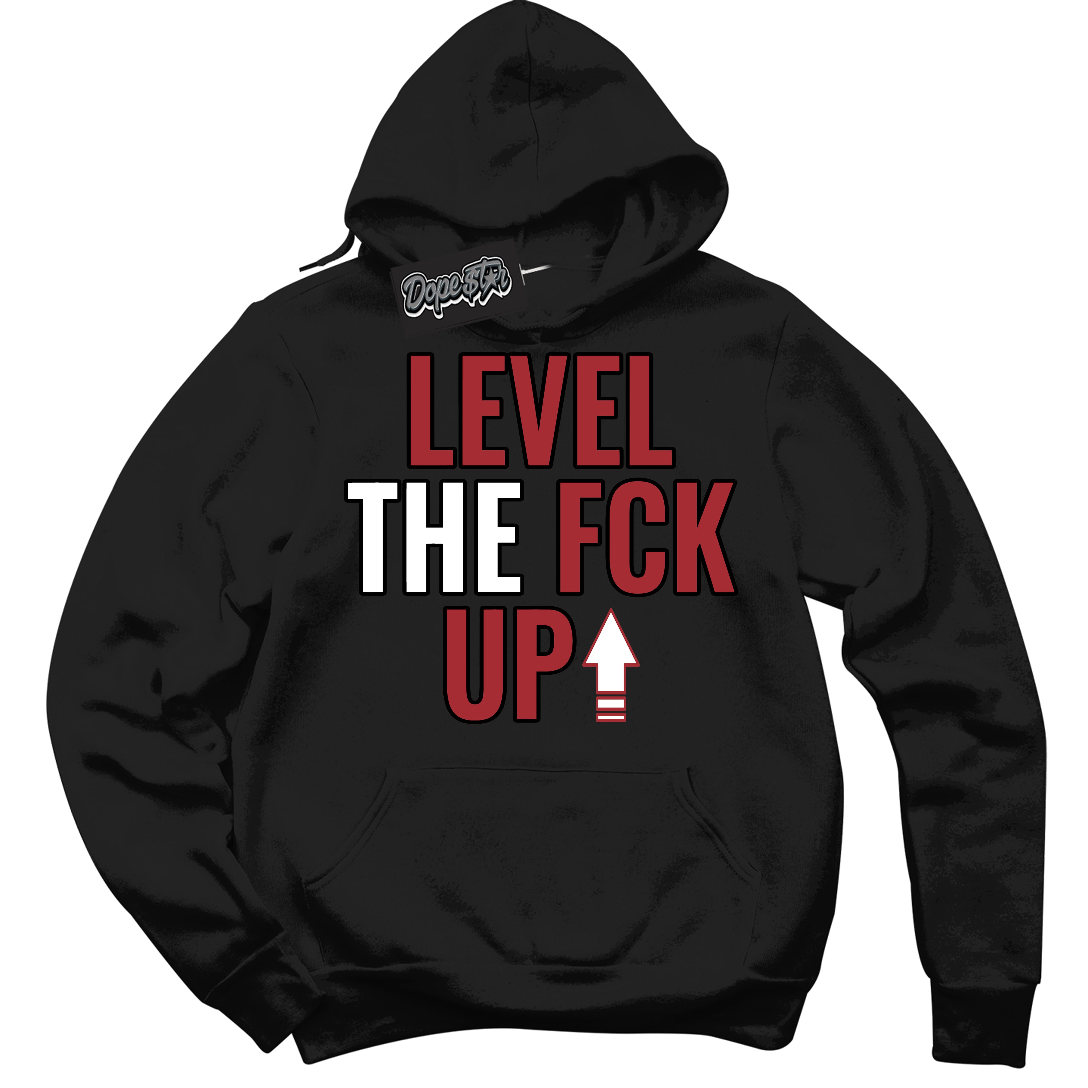 AJ1 Retro High '85 OG Bred ‘Level The Fck Up – Black Streetwear Hoodie | Sneaker Matching sweatshirt for AJ1 Retro High '85 OG Bred | Men's and Women's Streetwear Graphic Hoodie by Sneaker Shirts Outlet
