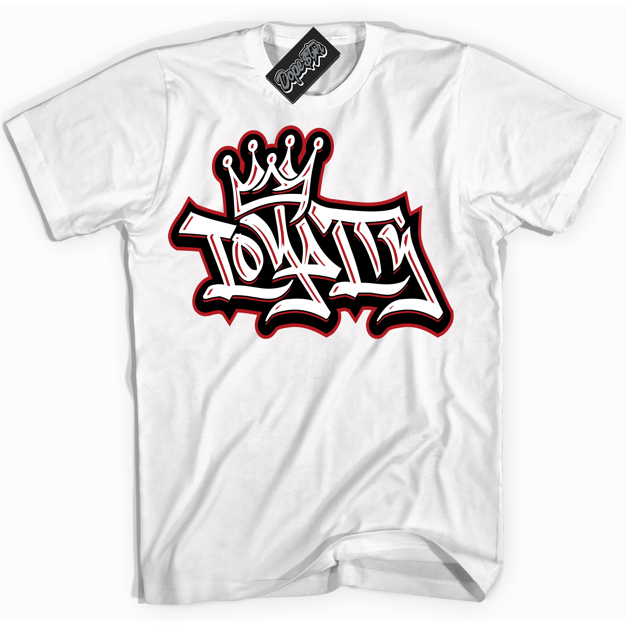 AJ1 Retro High '85 OG Bred ‘Loyalty Crown’ – White Streetwear T-Shirt | Sneaker Matching shirt for AJ1 Retro High '85 OG Bred | Men's and Women's Streetwear Graphic Tee by Sneaker Shirts Outlet.
