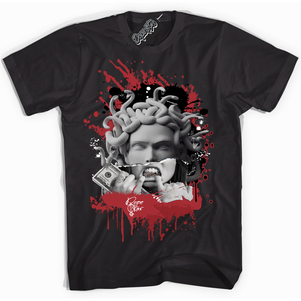 AJ1 Retro High '85 OG Bred ‘Medusa’ – Black Streetwear T-Shirt | Sneaker Matching shirt for AJ1 Retro High '85 OG Bred | Men's and Women's Streetwear Graphic Tee by Sneaker Shirts Outlet.