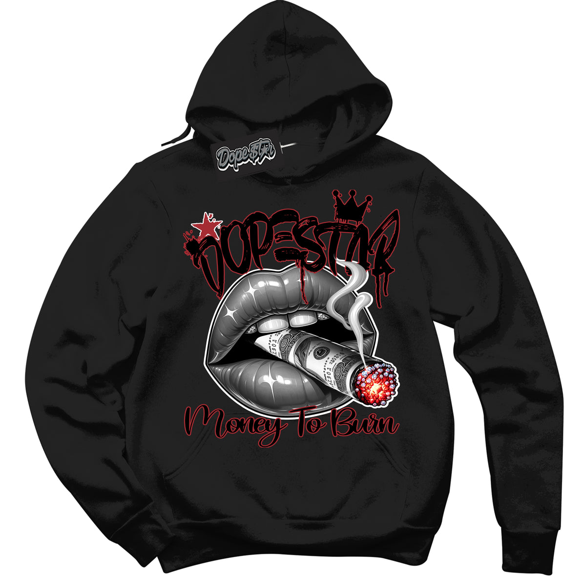 AJ1 Retro High '85 OG Bred ‘Money To Burn’ – Black Streetwear Hoodie | Sneaker Matching sweatshirt for AJ1 Retro High '85 OG Bred | Men's and Women's Streetwear Graphic Hoodie by Sneaker Shirts Outlet