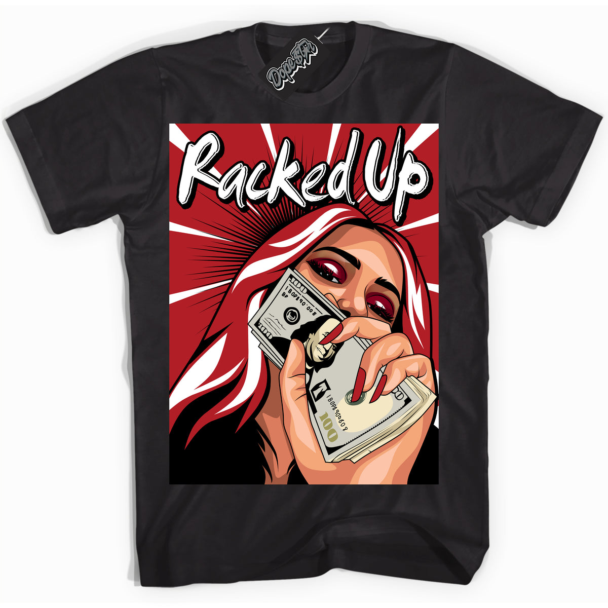 AJ1 Retro High '85 OG Bred ‘Racked Up’ – Black Streetwear T-Shirt | Sneaker Matching shirt for AJ1 Retro High '85 OG Bred | Men's and Women's Streetwear Graphic Tee by Sneaker Shirts Outlet.
