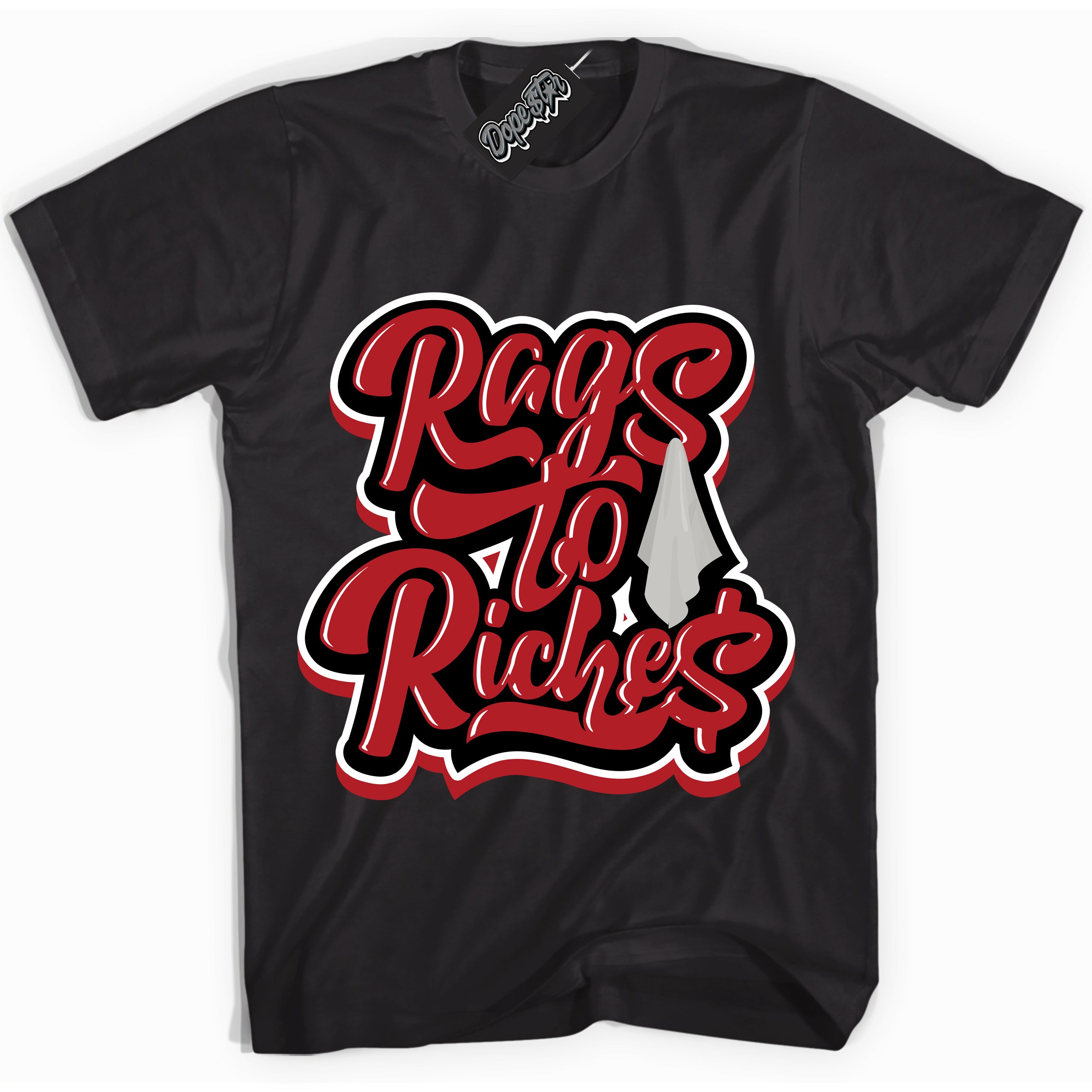 AJ1 Retro High '85 OG Bred ‘Rags To Riches’ – Black Streetwear T-Shirt | Sneaker Matching shirt for AJ1 Retro High '85 OG Bred | Men's and Women's Streetwear Graphic Tee by Sneaker Shirts Outlet.
