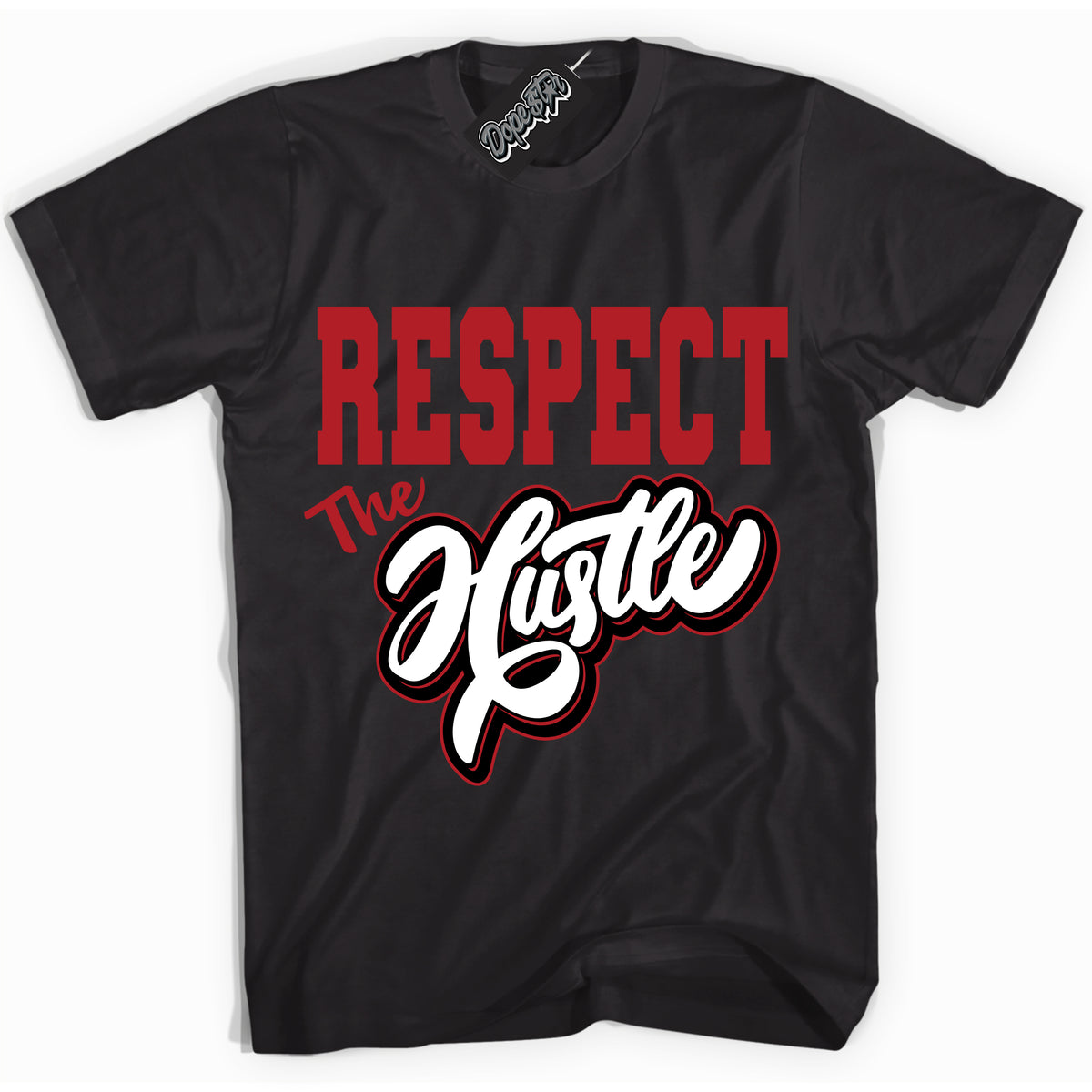 AJ1 Retro High '85 OG Bred ‘Respect The Hustle’ – Black Streetwear T-Shirt | Sneaker Matching shirt for AJ1 Retro High '85 OG Bred | Men's and Women's Streetwear Graphic Tee by Sneaker Shirts Outlet.
