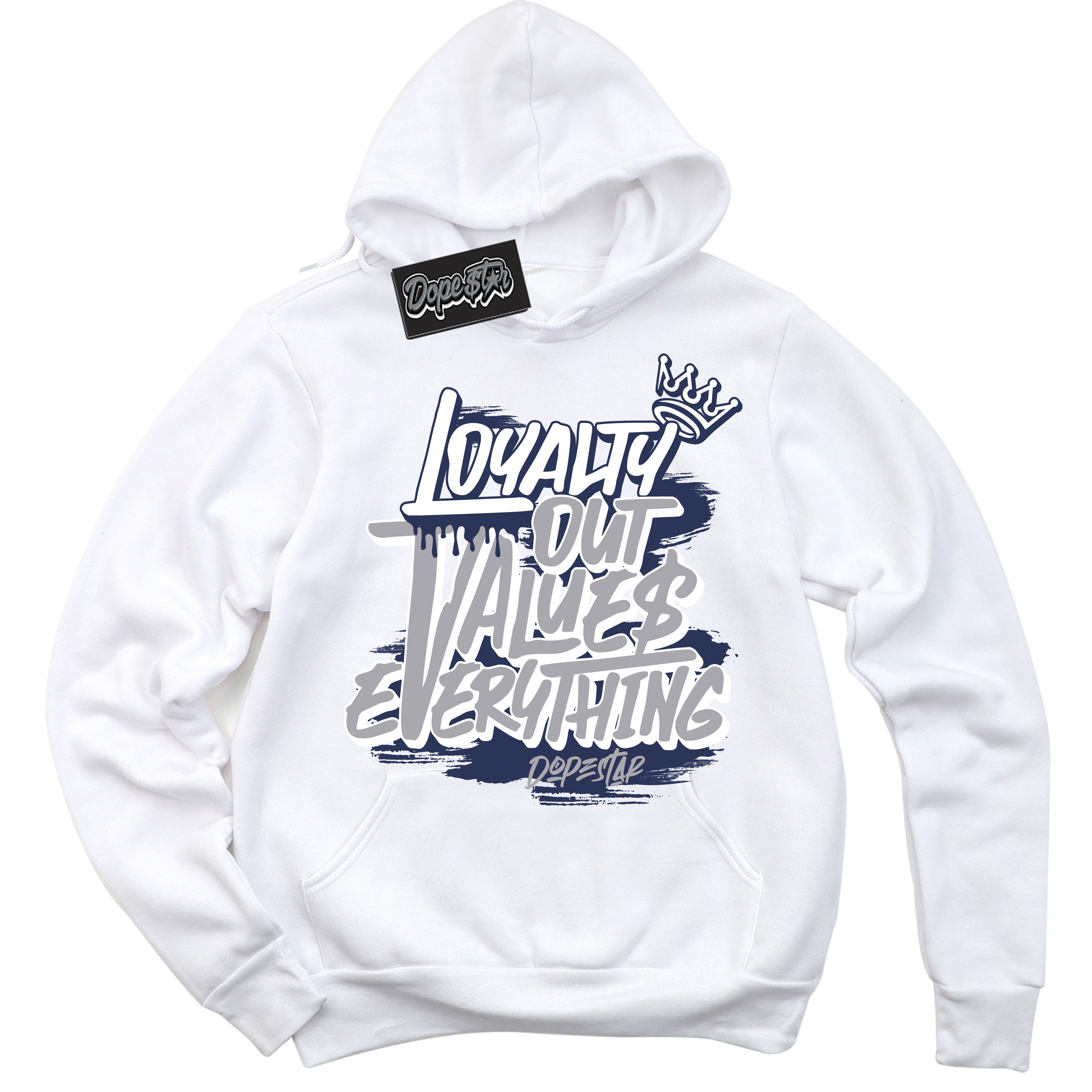 Cool White Hoodie with “ Loyalty Out Values Everything ”  design that Perfectly Matches Golf Patent Midnight Navy 1s Sneakers.