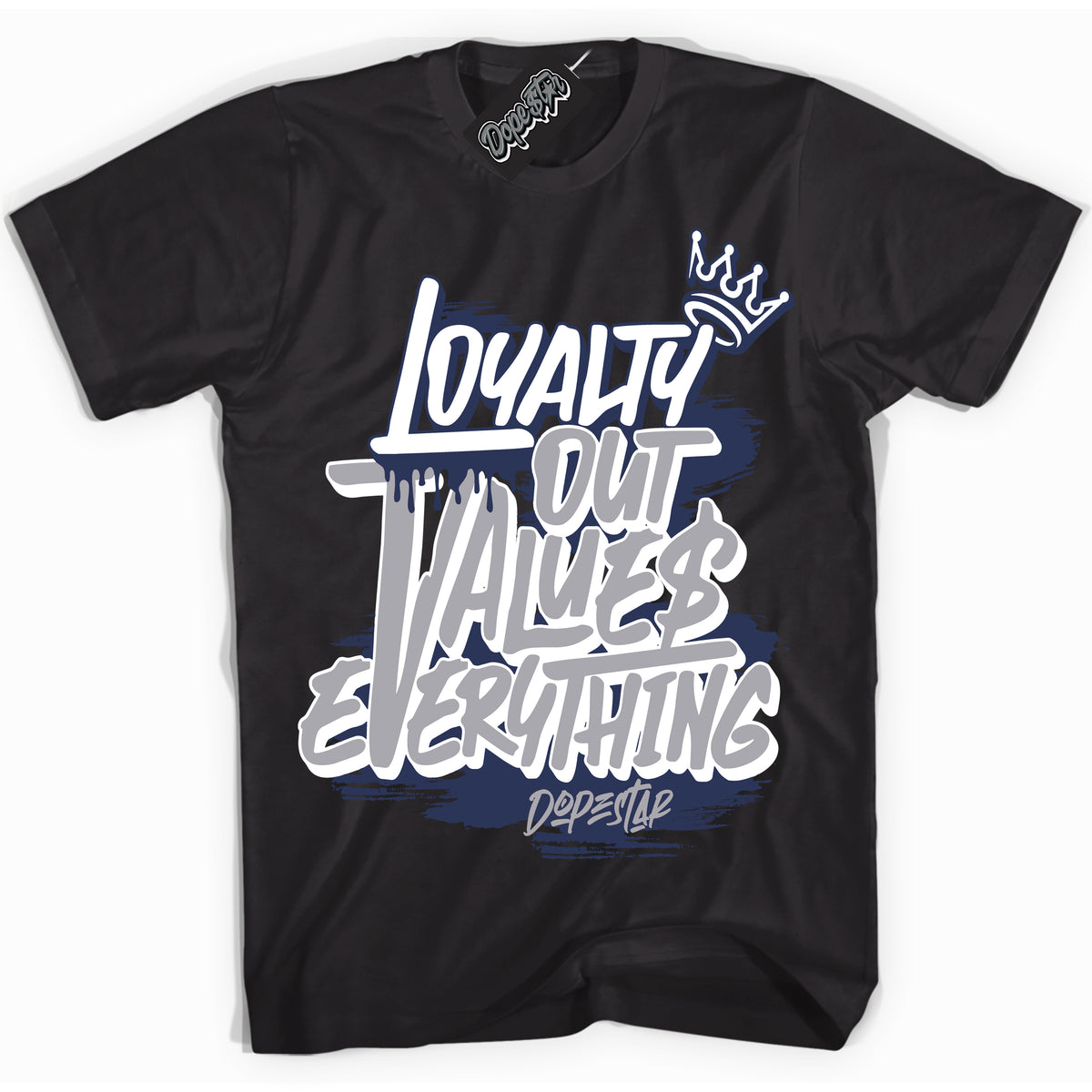 Cool Black Shirt with “ Loyalty Out Values Everything” design that perfectly matches Golf Patent Midnight Navy 1s Sneakers.