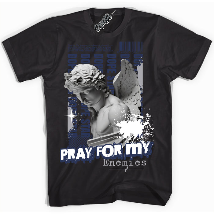 Cool Black Shirt with “ Pray Enemies” design that perfectly matches Golf Patent Midnight Navy 1s Sneakers.