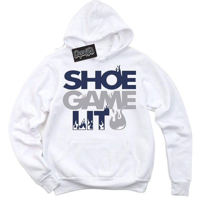 Cool White Hoodie with “ Shoe Game Lit '' design that Perfectly Matches  Golf Patent Midnight Navy 1s Sneakers.